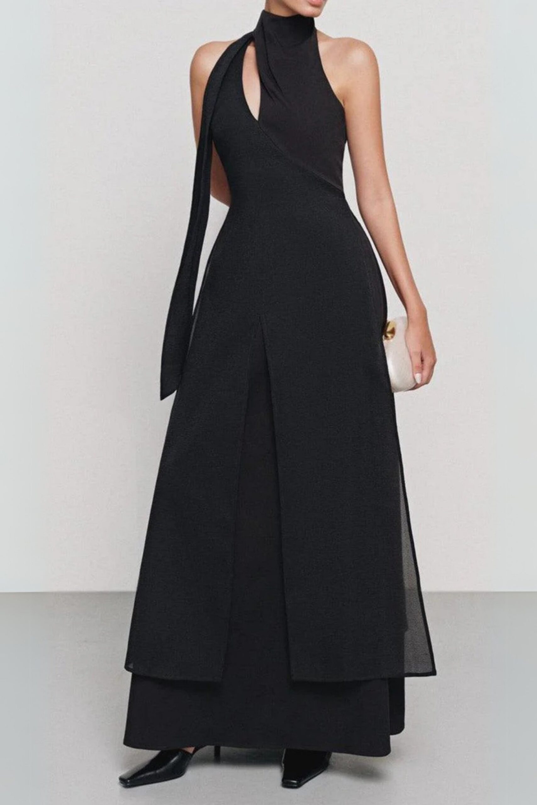 323_ce9f55e7-3c58-4df1-856a-421a67789f86 YEN LAYERED HIGH NECK SILK MAXI DRESS, BLACK