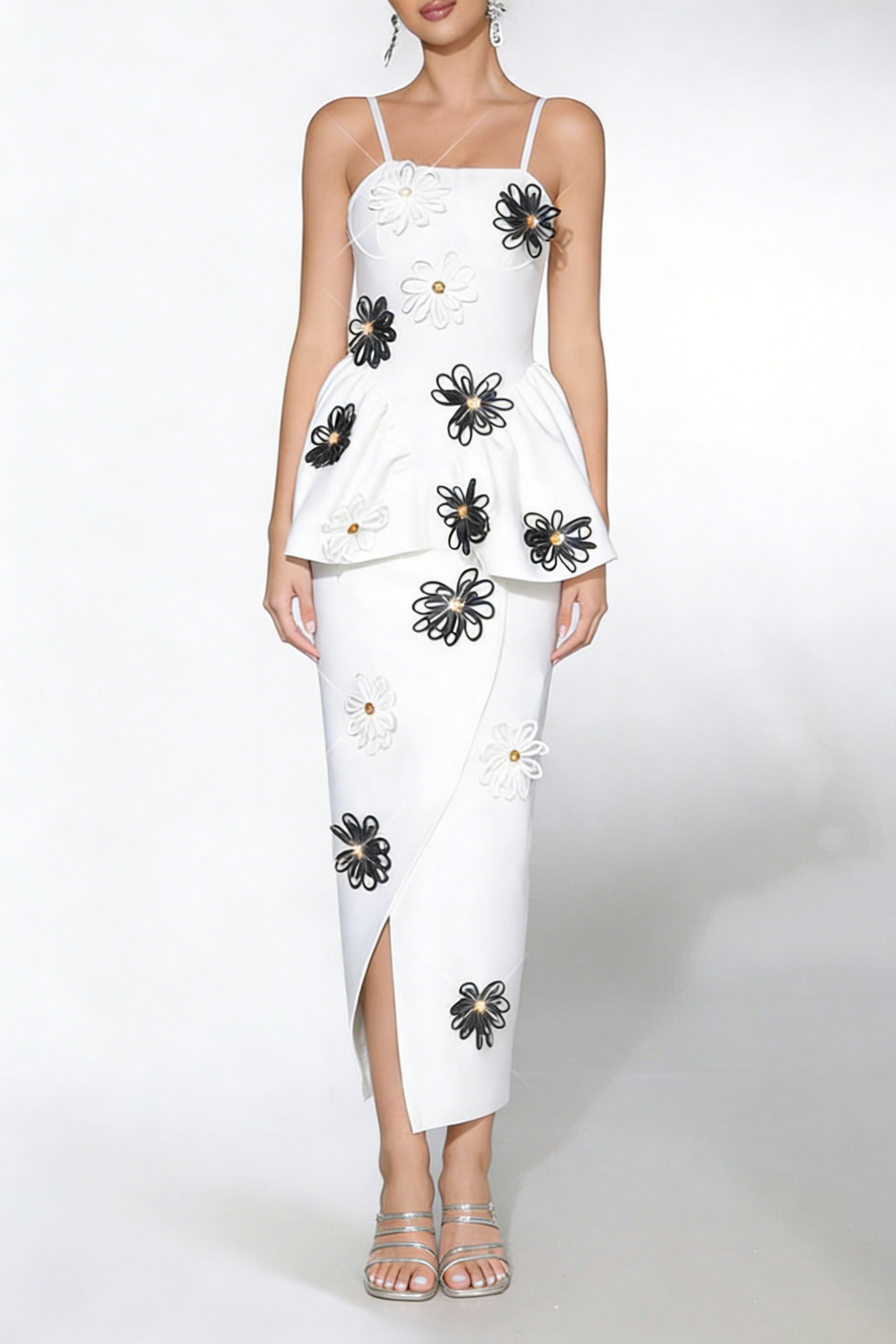 WHITE BANDAGE BODYCON MIDI DRESS WITH HANDMADE FLOWER