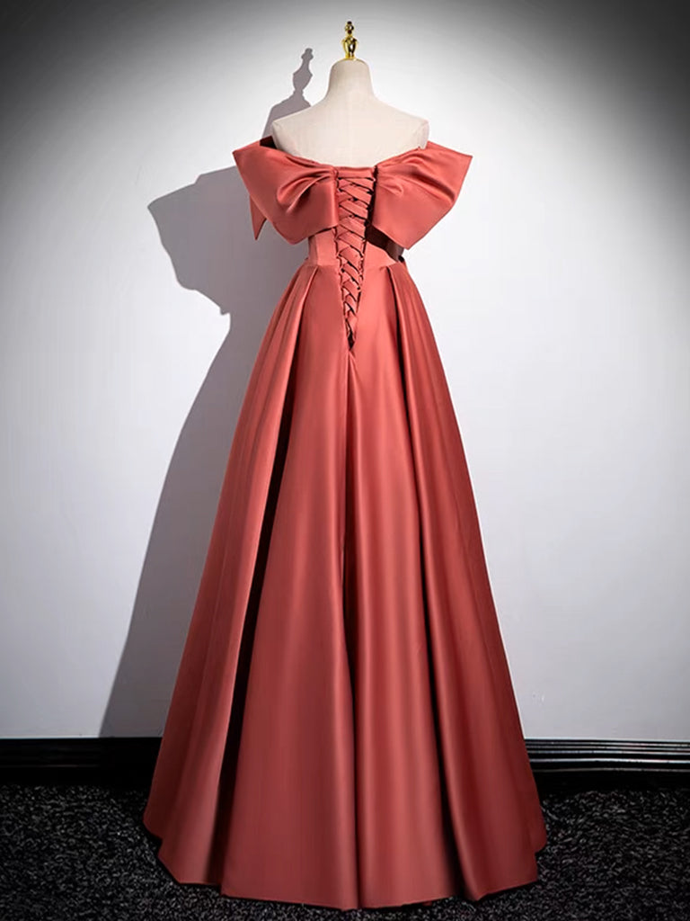 A-LINE OFF SHOULDER SATIN DRESS IN WATERMELON RED