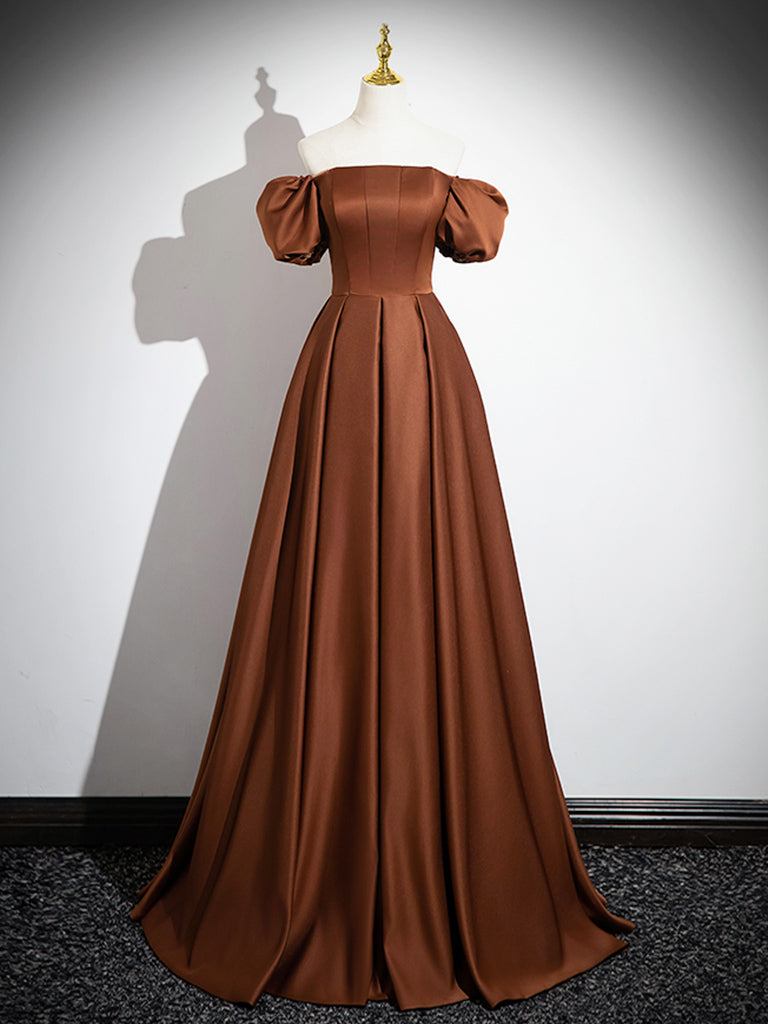 324f ELEGANT SATIN BROWN LONG PROM DRESS