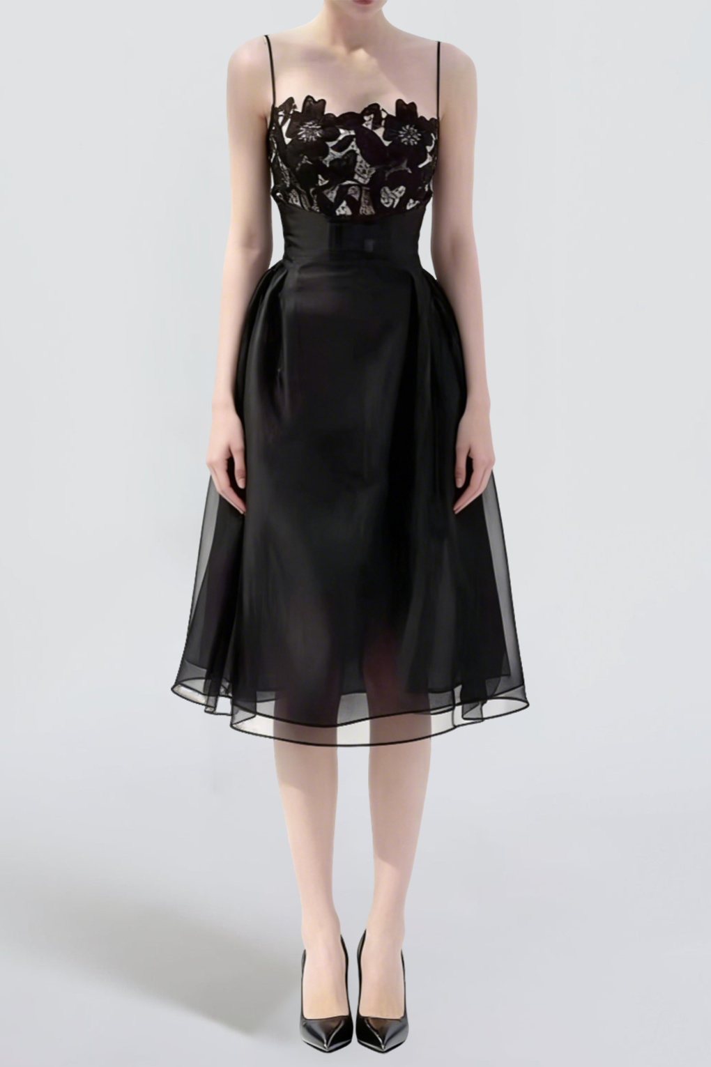 BLACK LACE MIDI DRESS WITH CAMISOLE BODICE