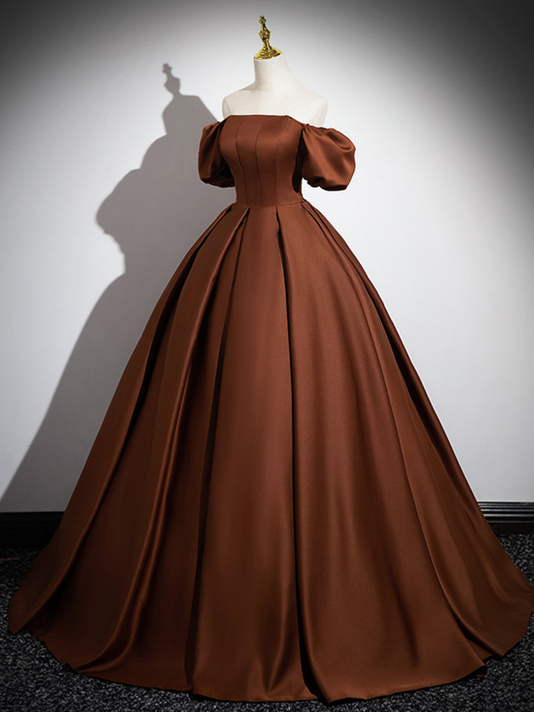 ELEGANT SATIN BROWN LONG PROM DRESS