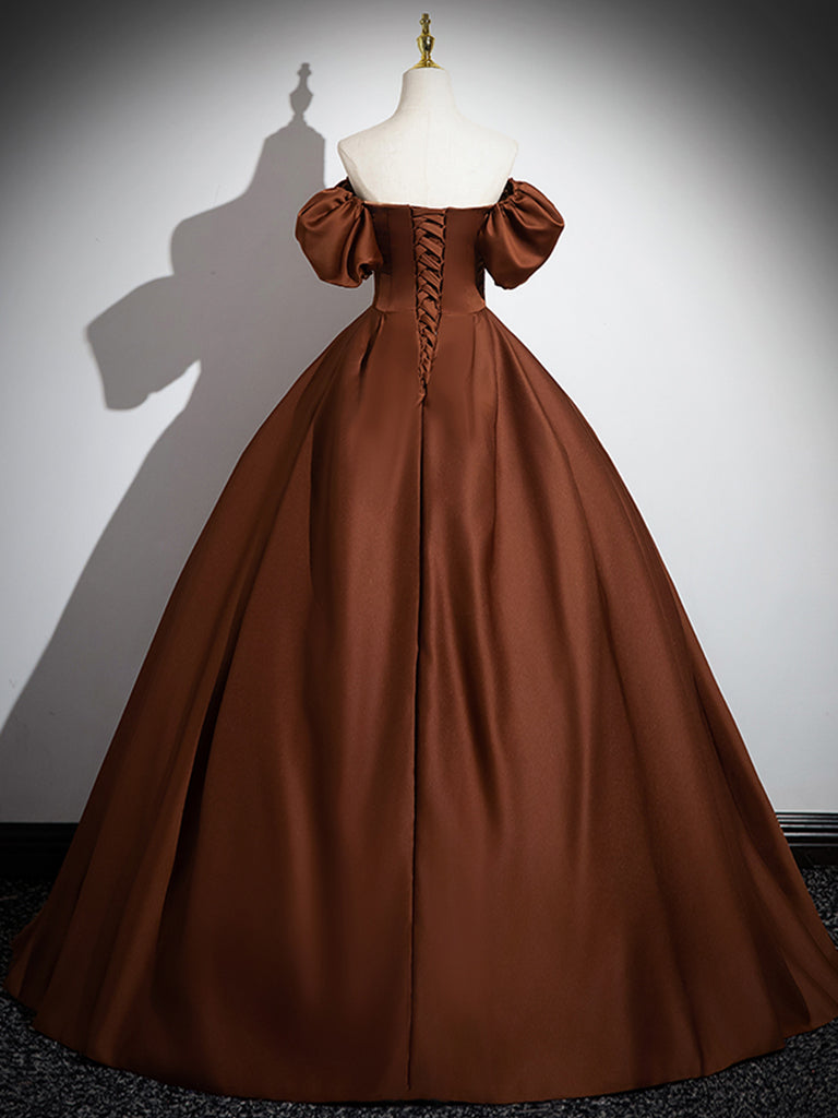 ELEGANT SATIN BROWN LONG PROM DRESS