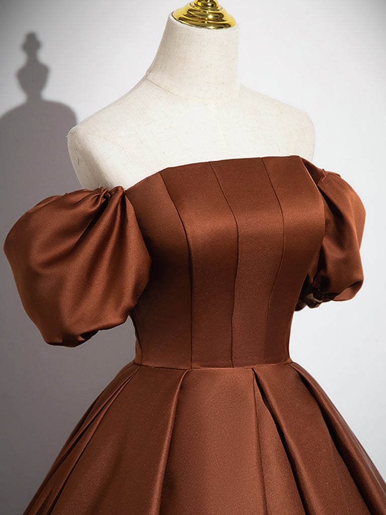 ELEGANT SATIN BROWN LONG PROM DRESS