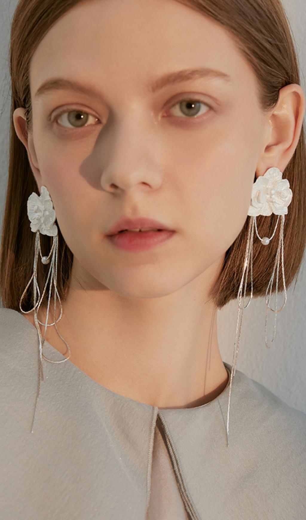 METALLIC FLOWER TASSEL DROP EARRINGS FOR PARTY