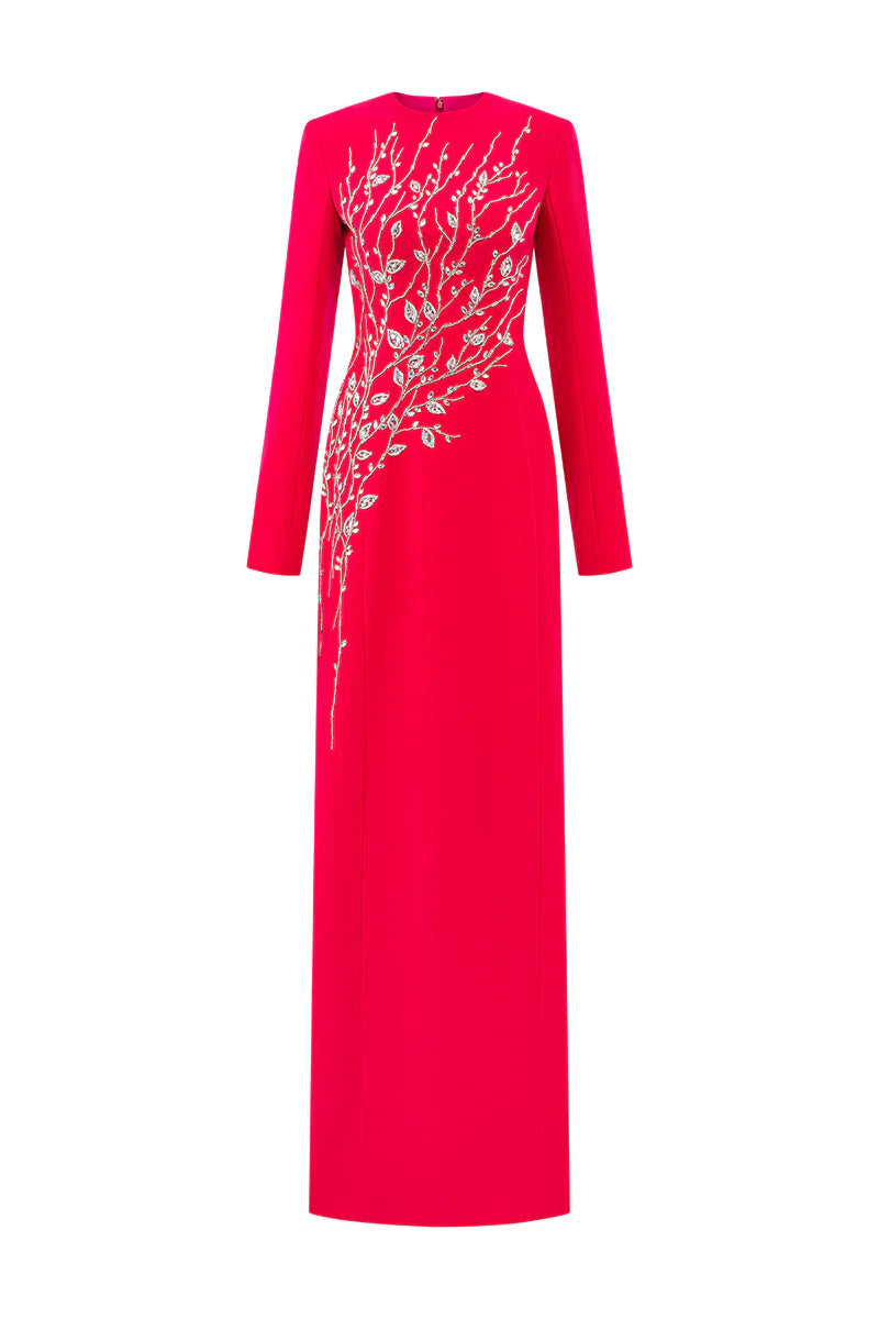 HILARY RED CRYSTAL MAXI DRESS, PADDED SHOULDER EVENING GOWN