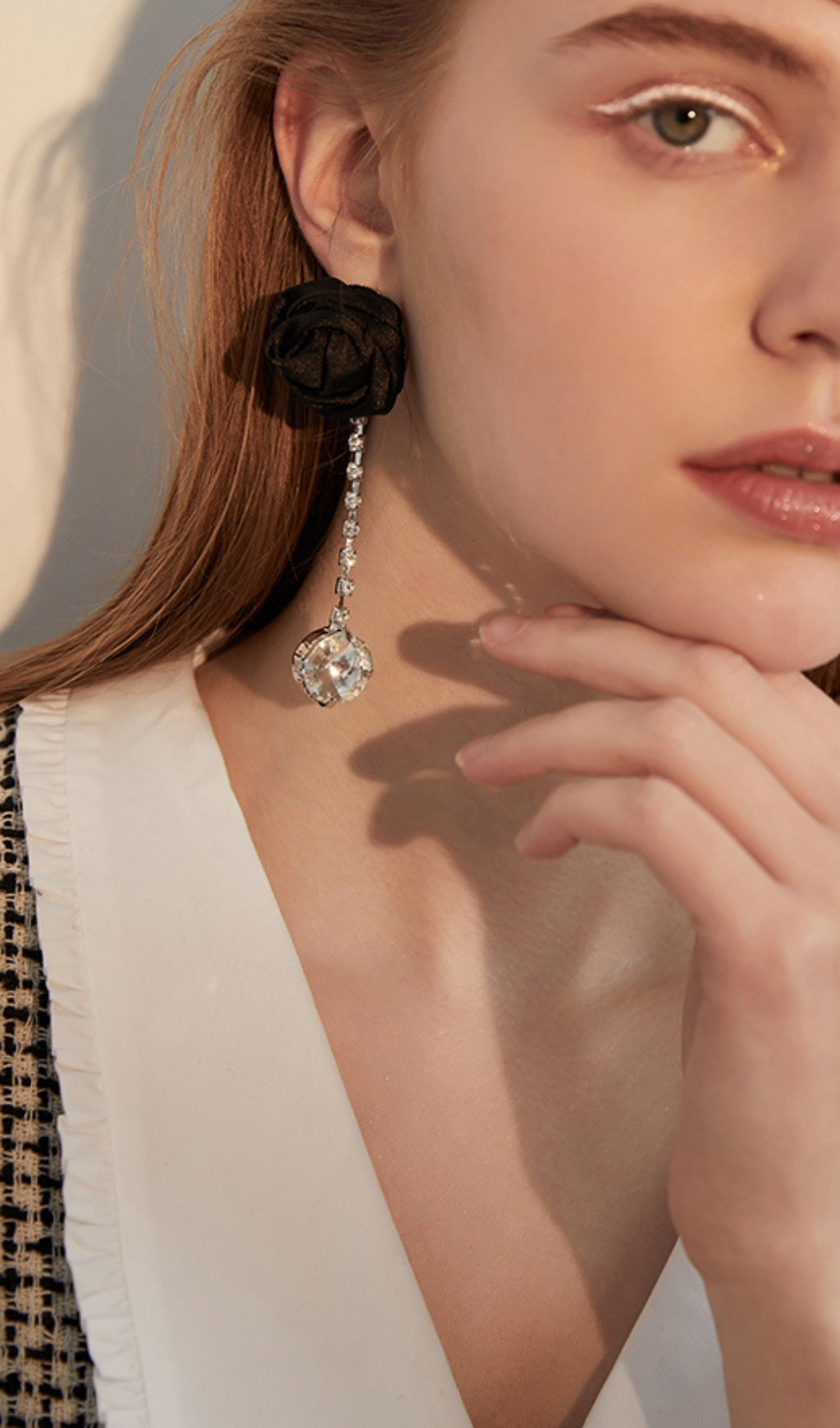 FABRIC ROSE RHINESTONE DROP EARRINGS FOR WEDDING