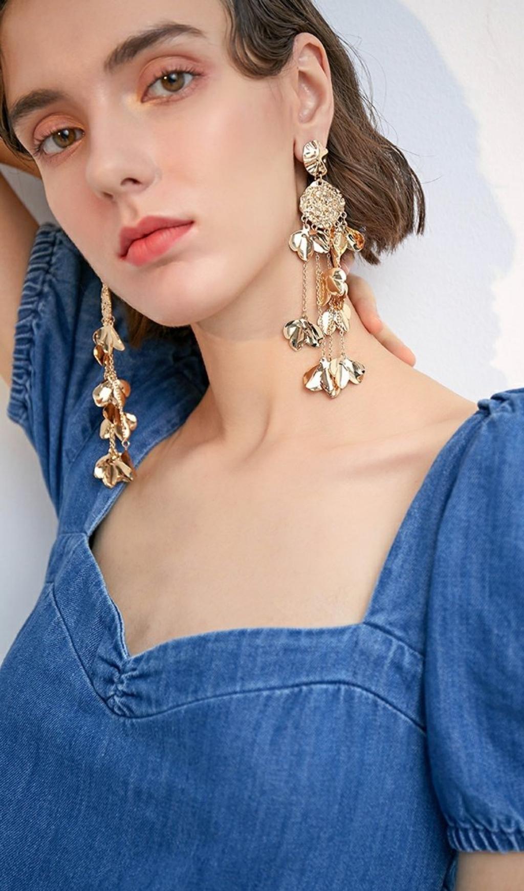 GOLD TASSEL LEAF DROP EARRINGS FOR PARTY