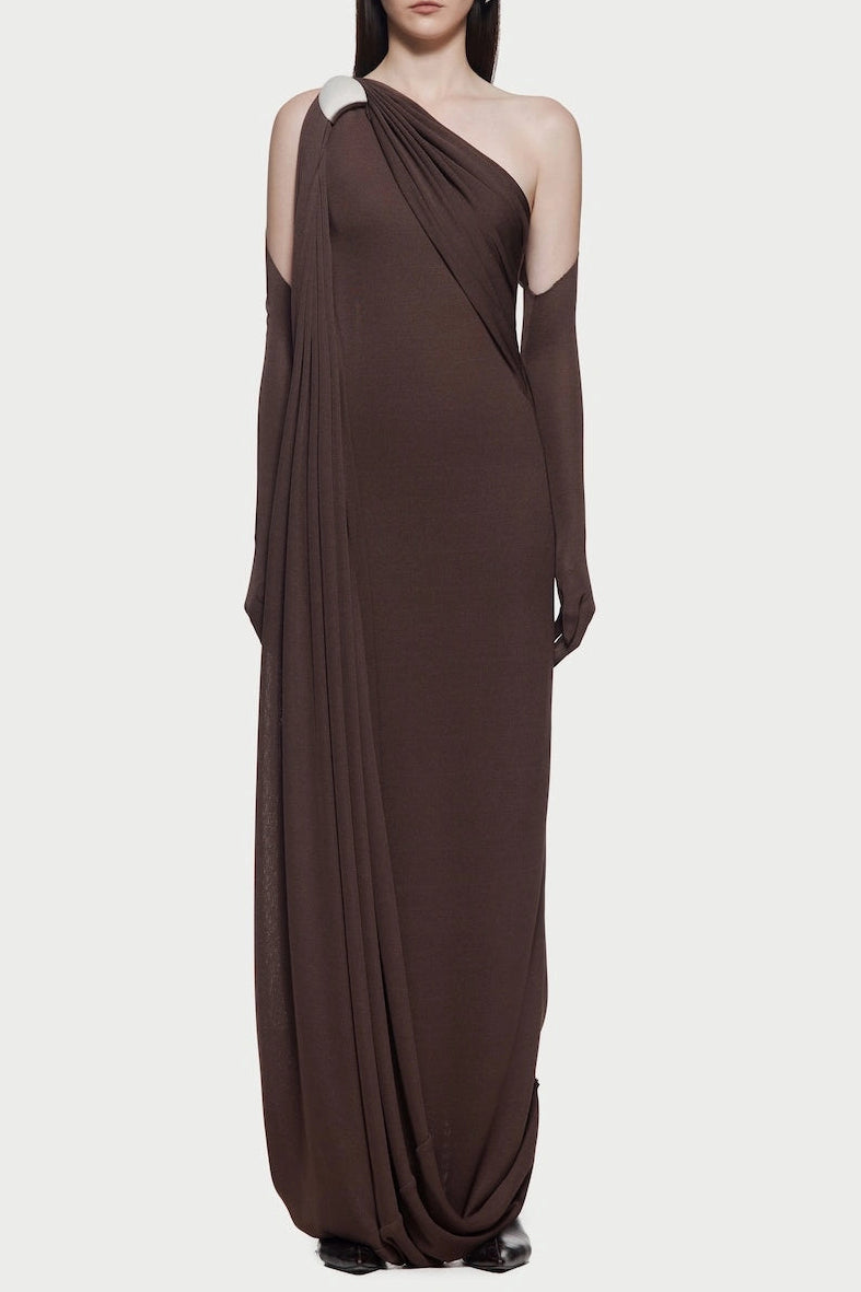 32a068d8-59e1-4c4e-b7dc-83f44cf8890b XAVIERA BROWN ONE-SHOULDER BACKLESS PLEATED MAXI DRESS
