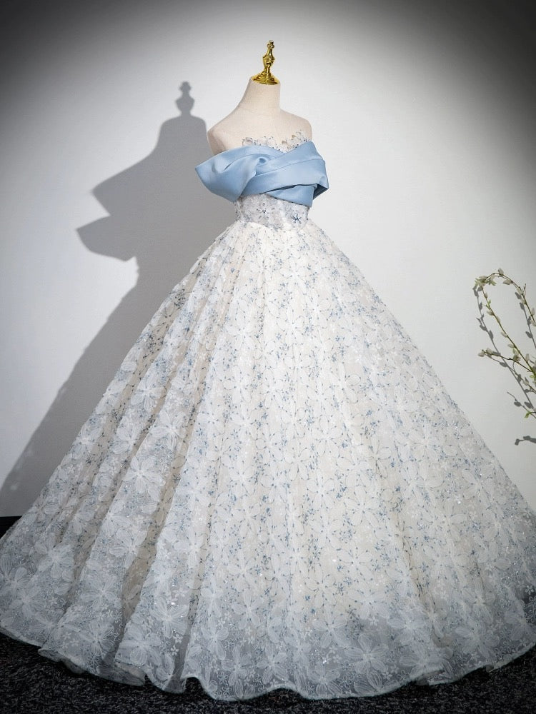 A-LINE OFF-SHOULDER TULLE LACE BLUE COCKTAIL DRESS