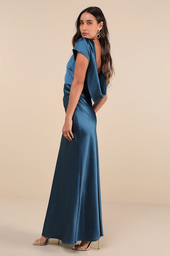 SATIN COWL BACK MAXI DRESS, DARK TEAL EVENING