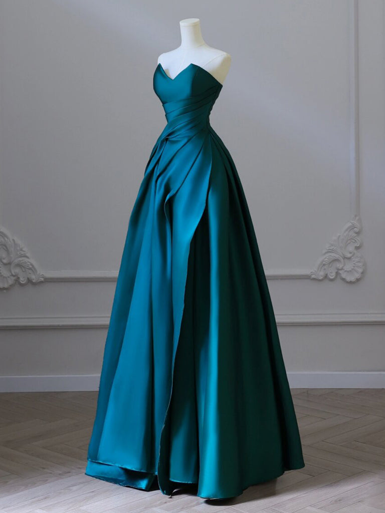 A-LINE SATIN GREEN PROM DRESS