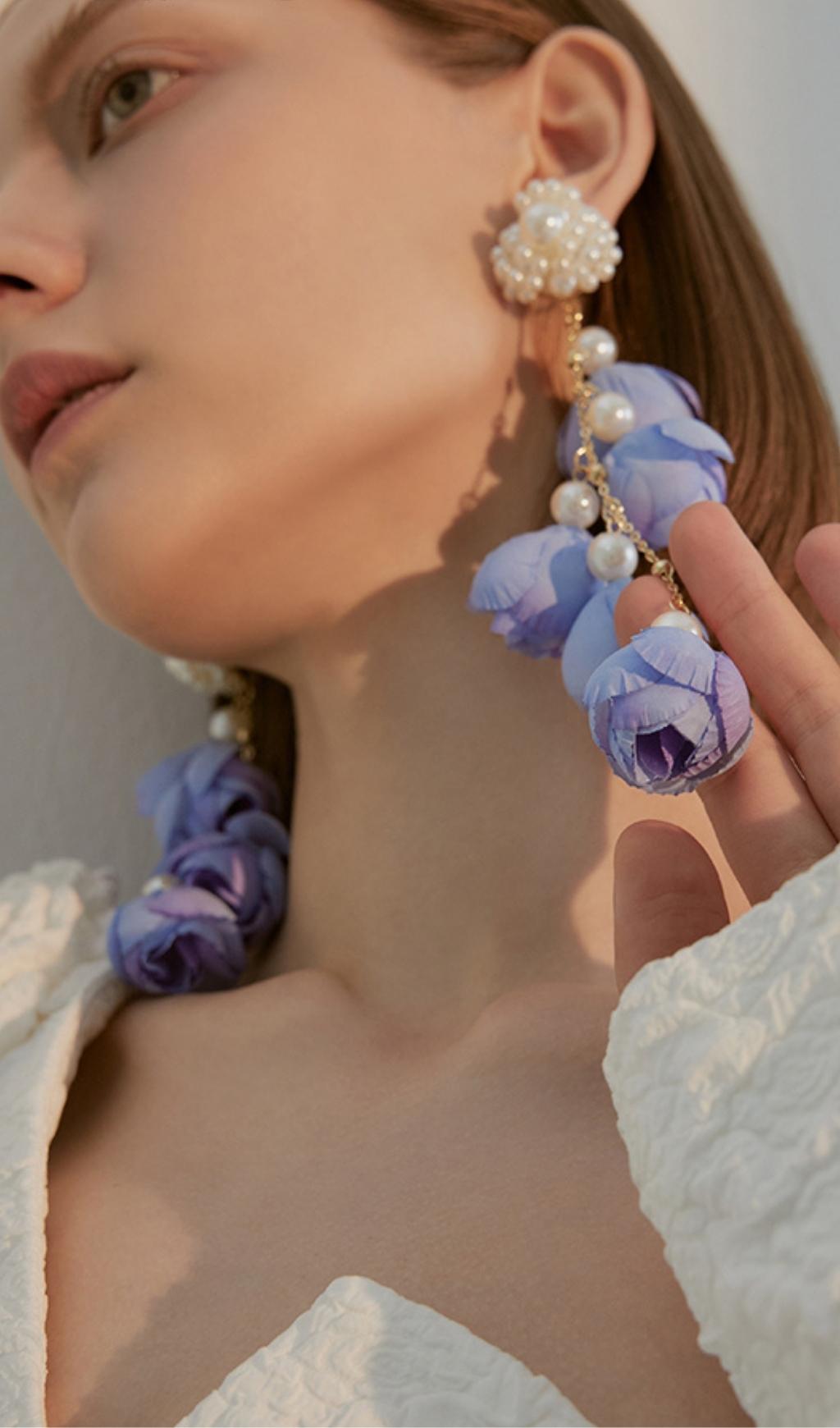 VIOLET PEARL FLOWER DANGLE EARRINGS FOR WEDDING