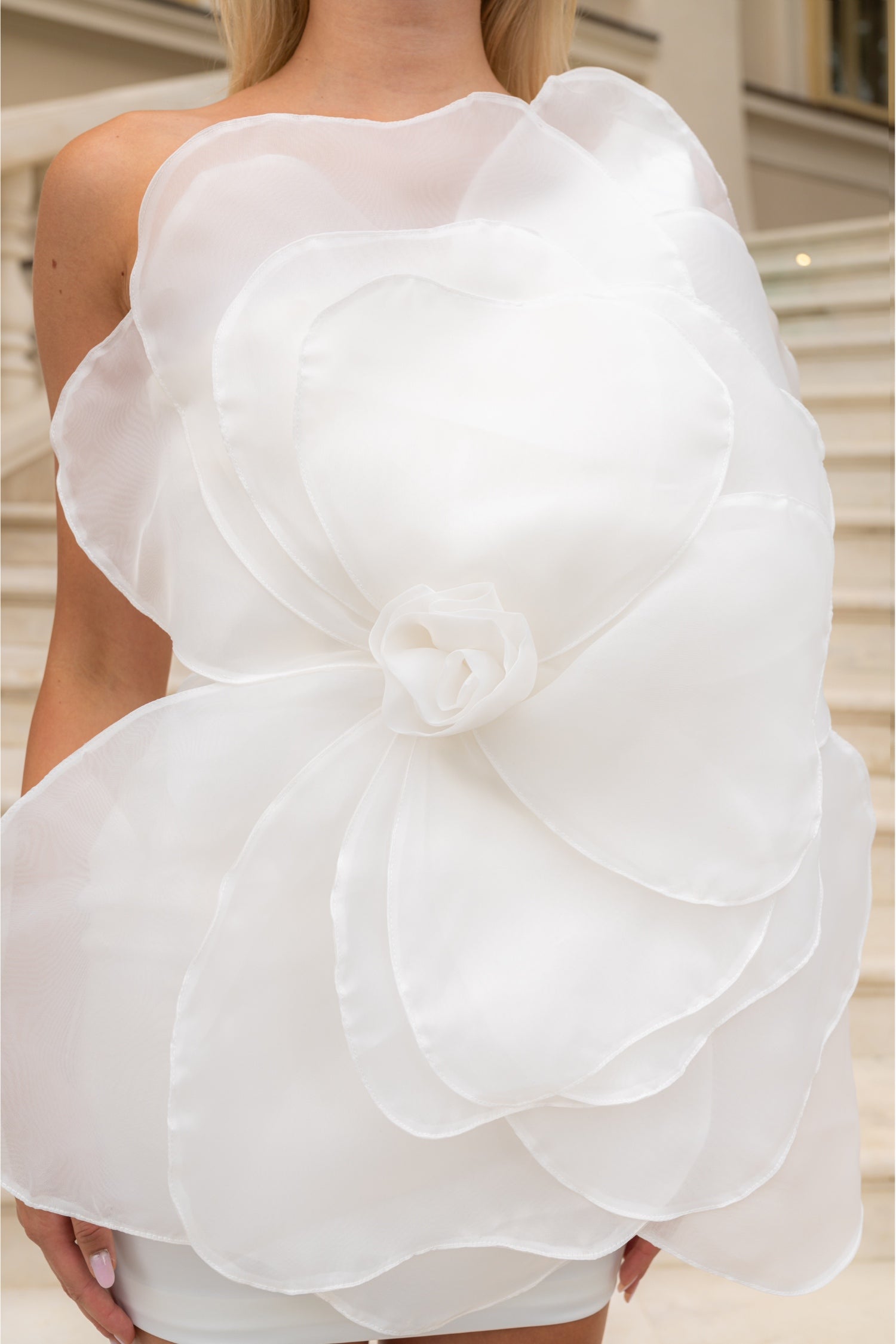 3D ORGANZA FLORAL MINI DRESS - WHITE WEDDING