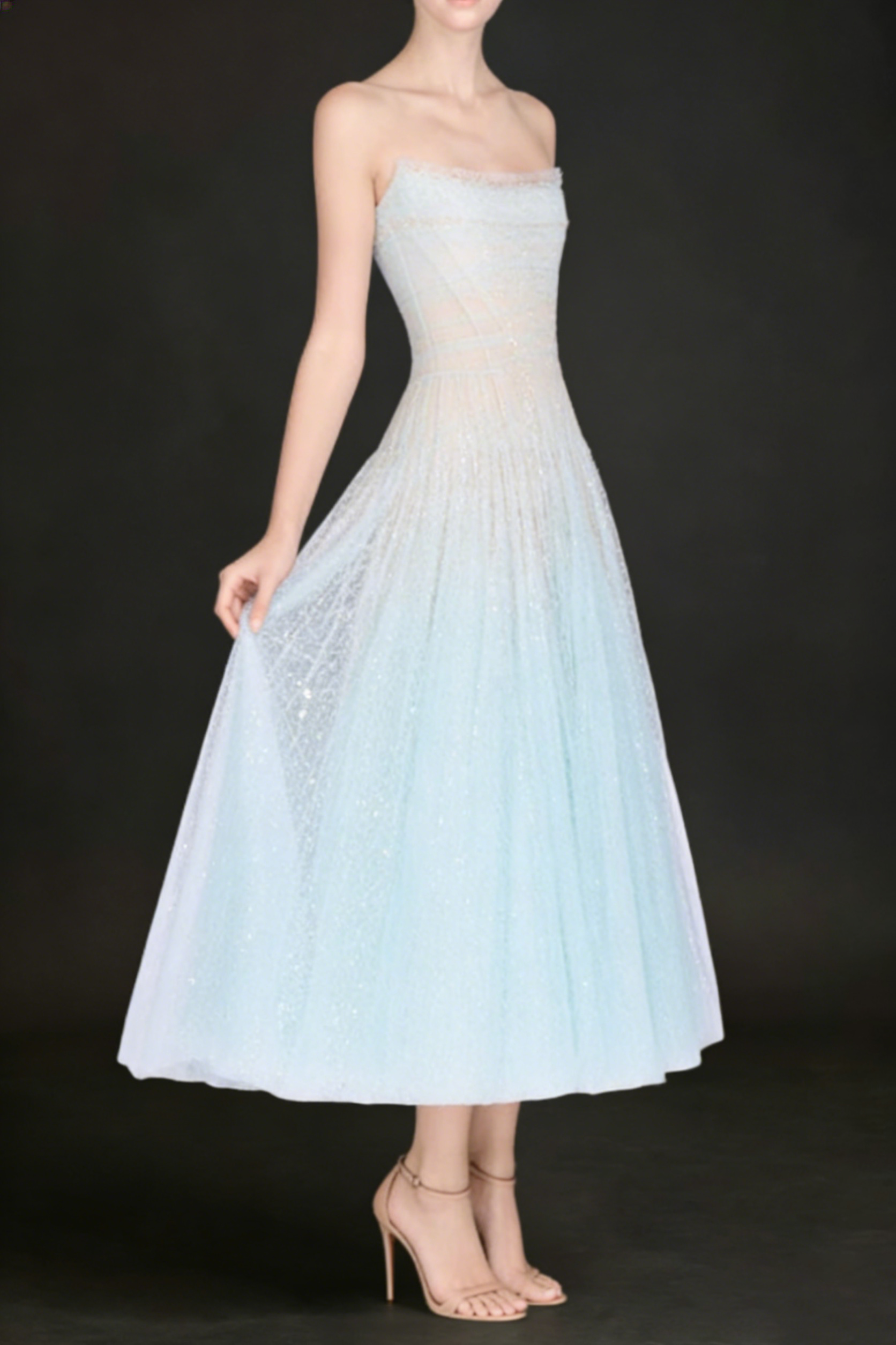 BLUE DRAPED LACE MIDI DRESS FOR EVENING