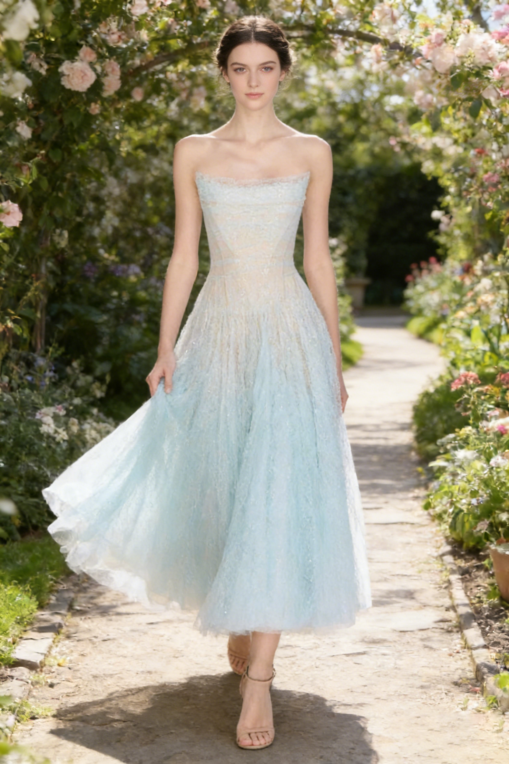 BLUE DRAPED LACE MIDI DRESS FOR EVENING