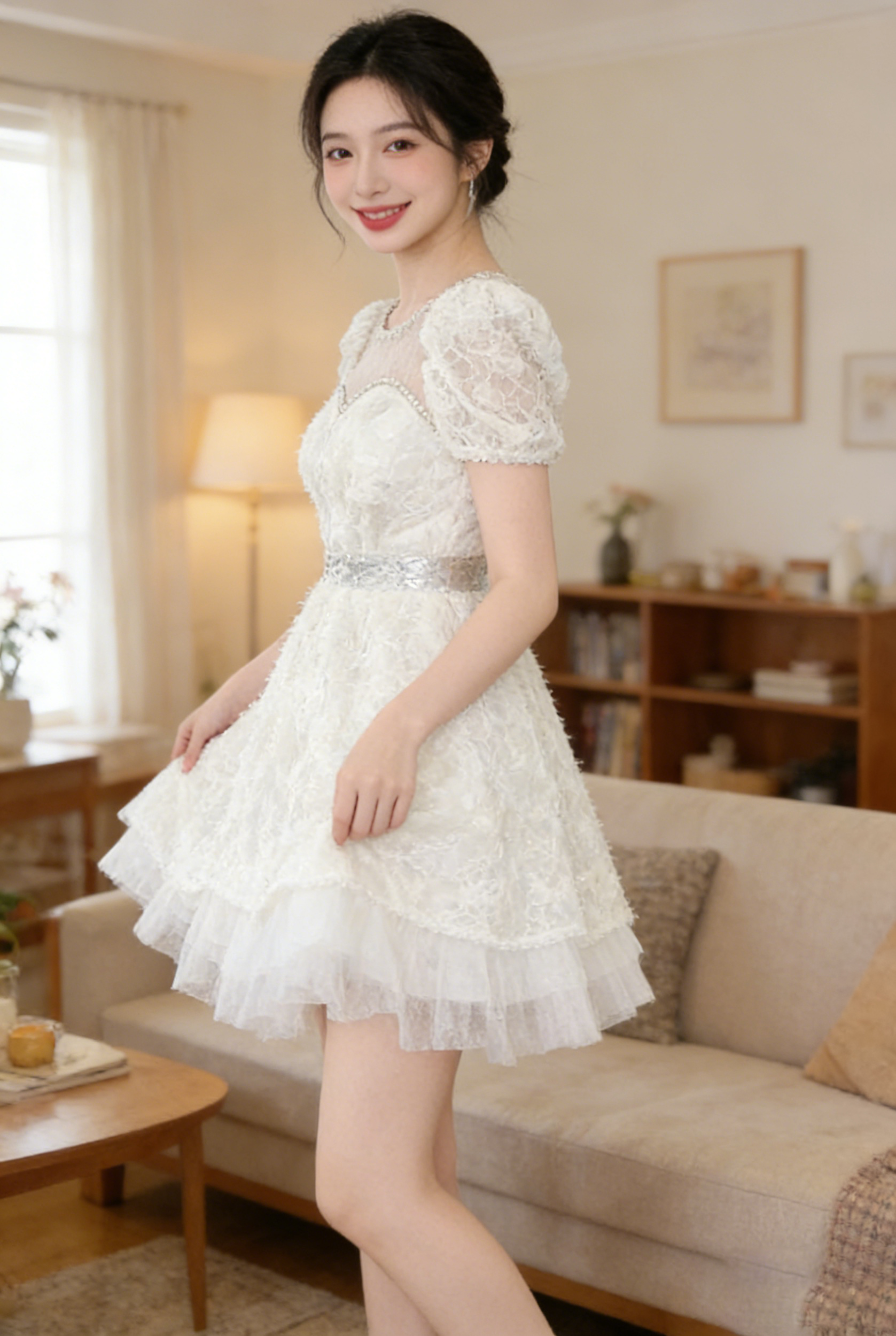 WHITE LACE SEQUIN PUFF SLEEVE MINI DRESS