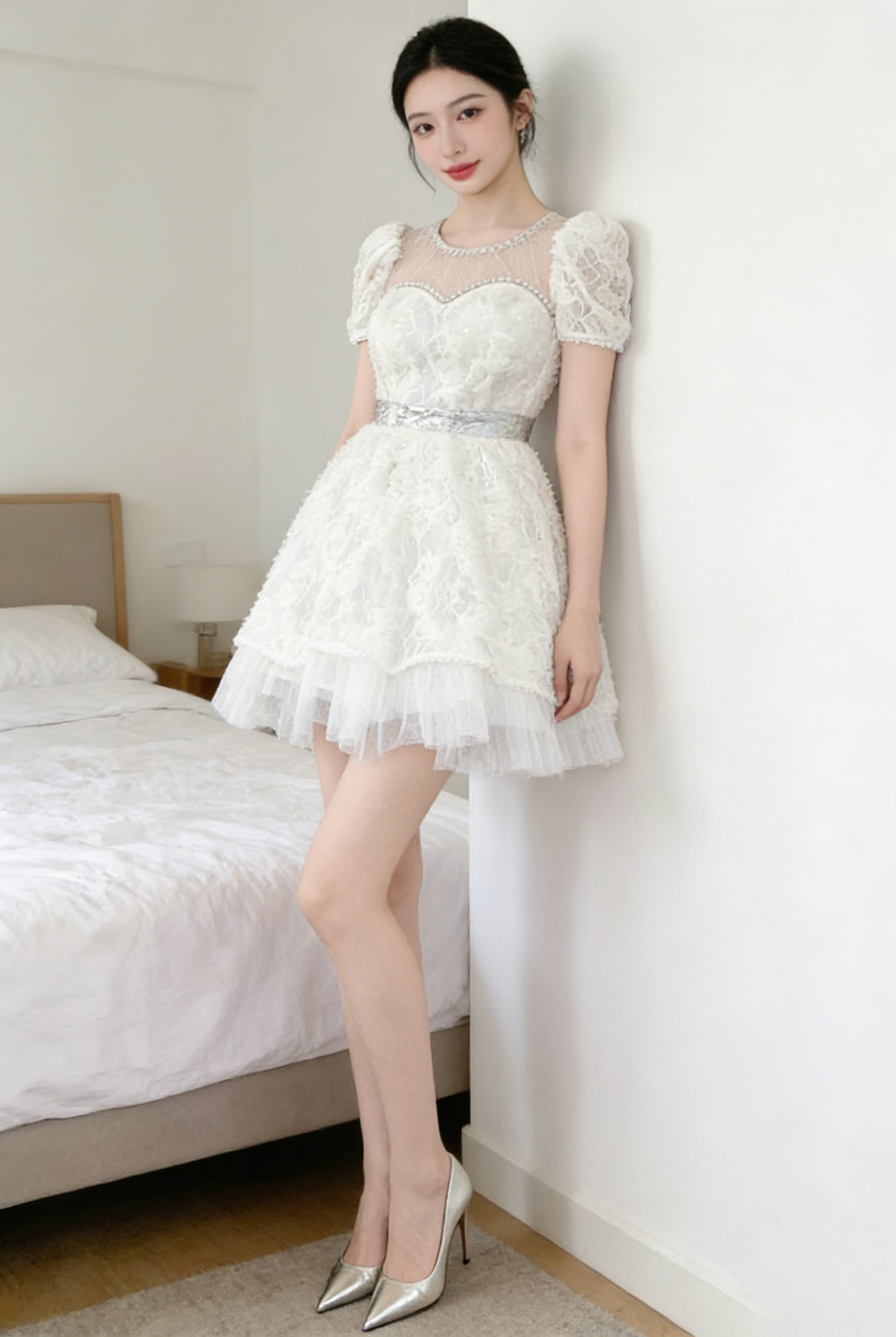 WHITE LACE SEQUIN PUFF SLEEVE MINI DRESS