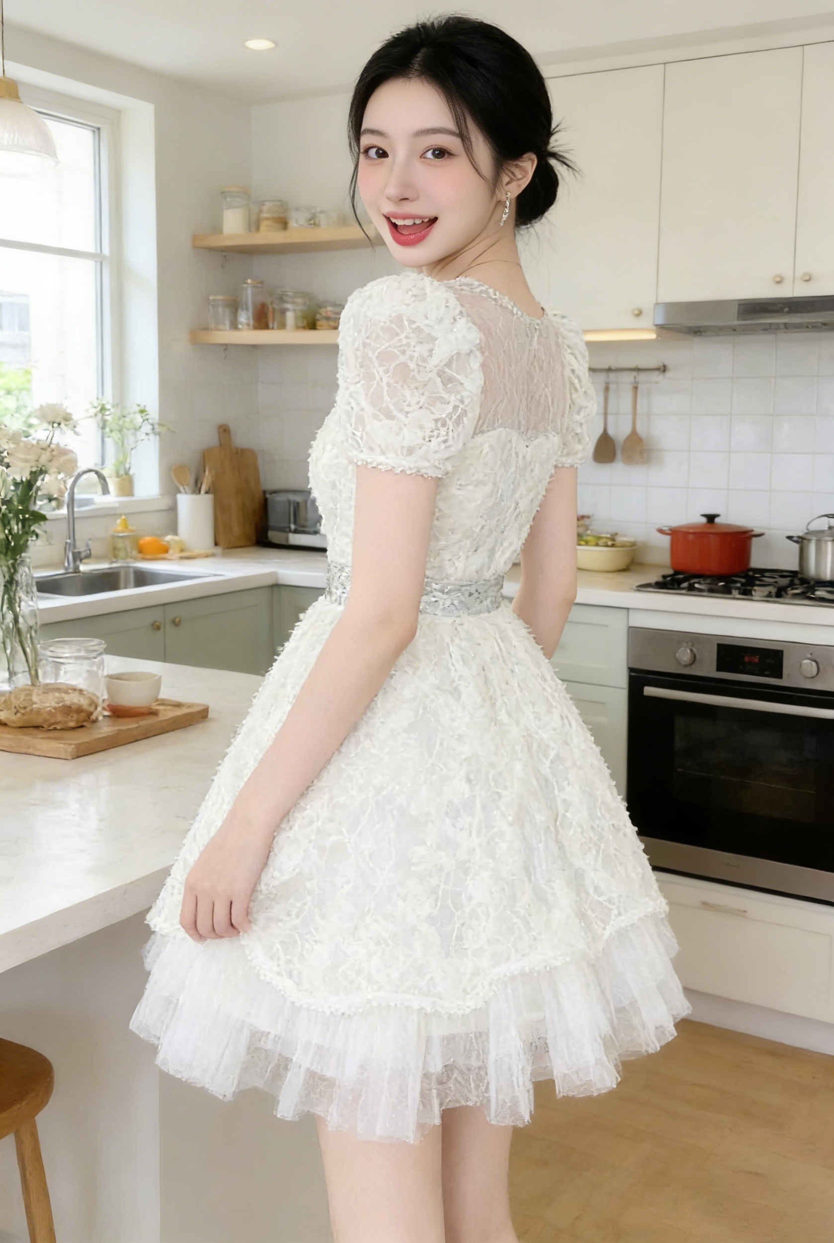 WHITE LACE SEQUIN PUFF SLEEVE MINI DRESS