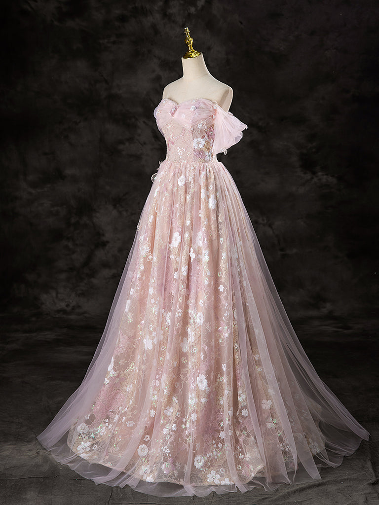 A-LINE OFF SHOULDER PINK PARTY DRESS