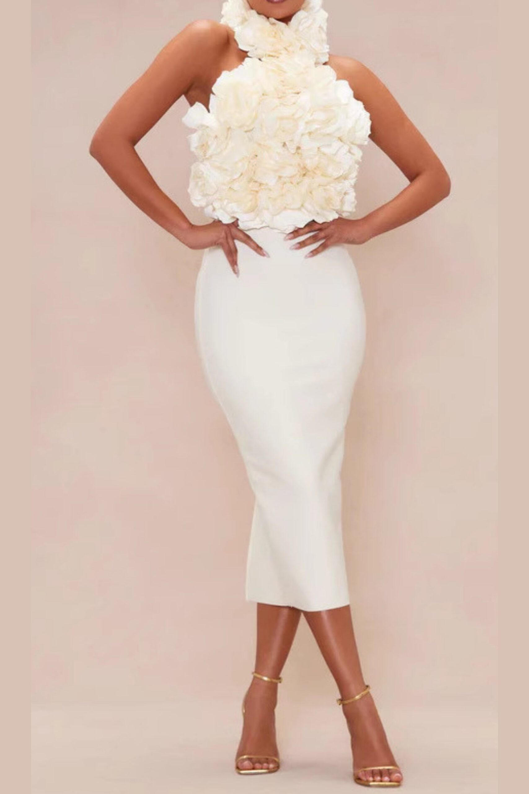 FLOWER BANDAGE MIDI DRESS WHITE