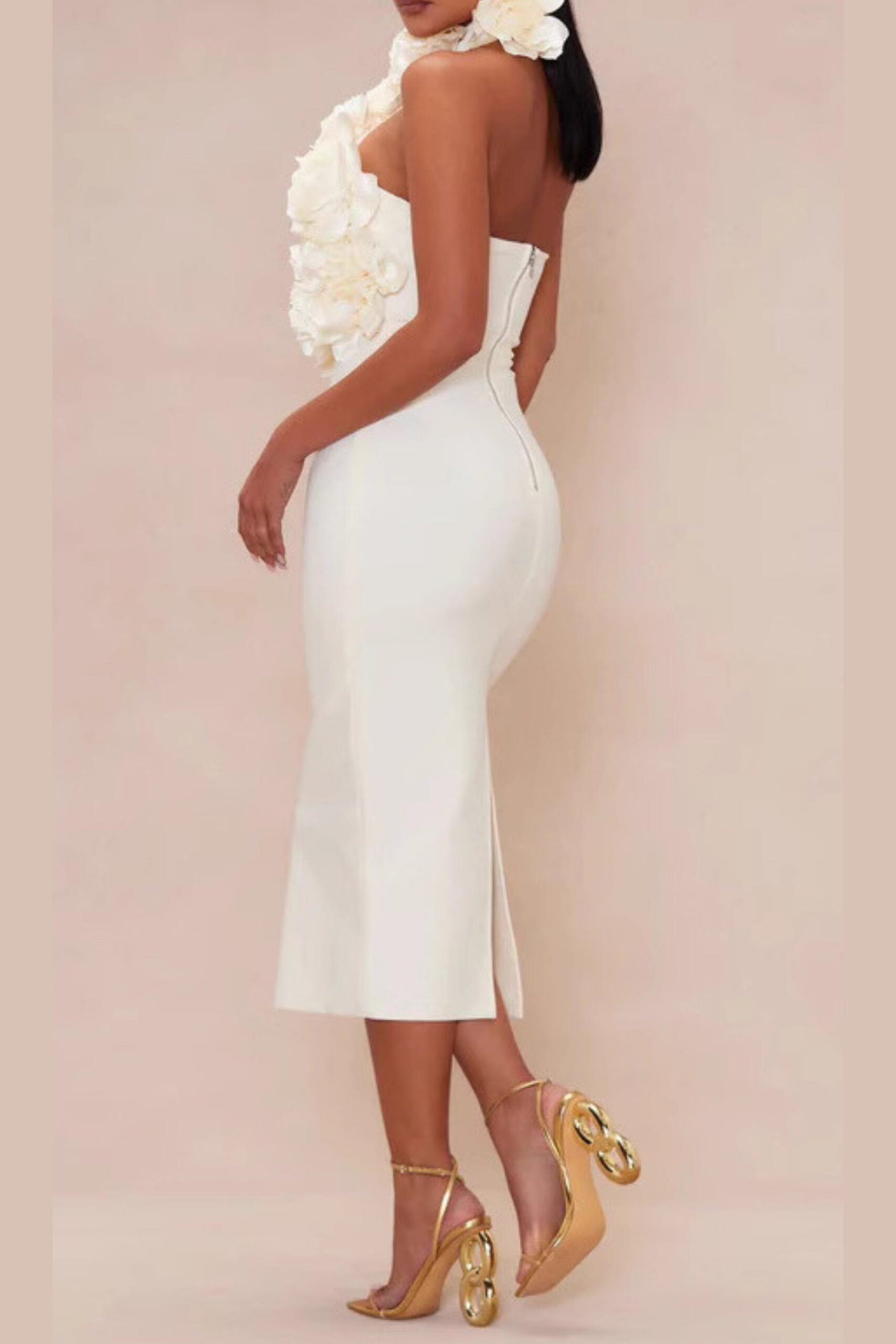 FLOWER BANDAGE MIDI DRESS WHITE