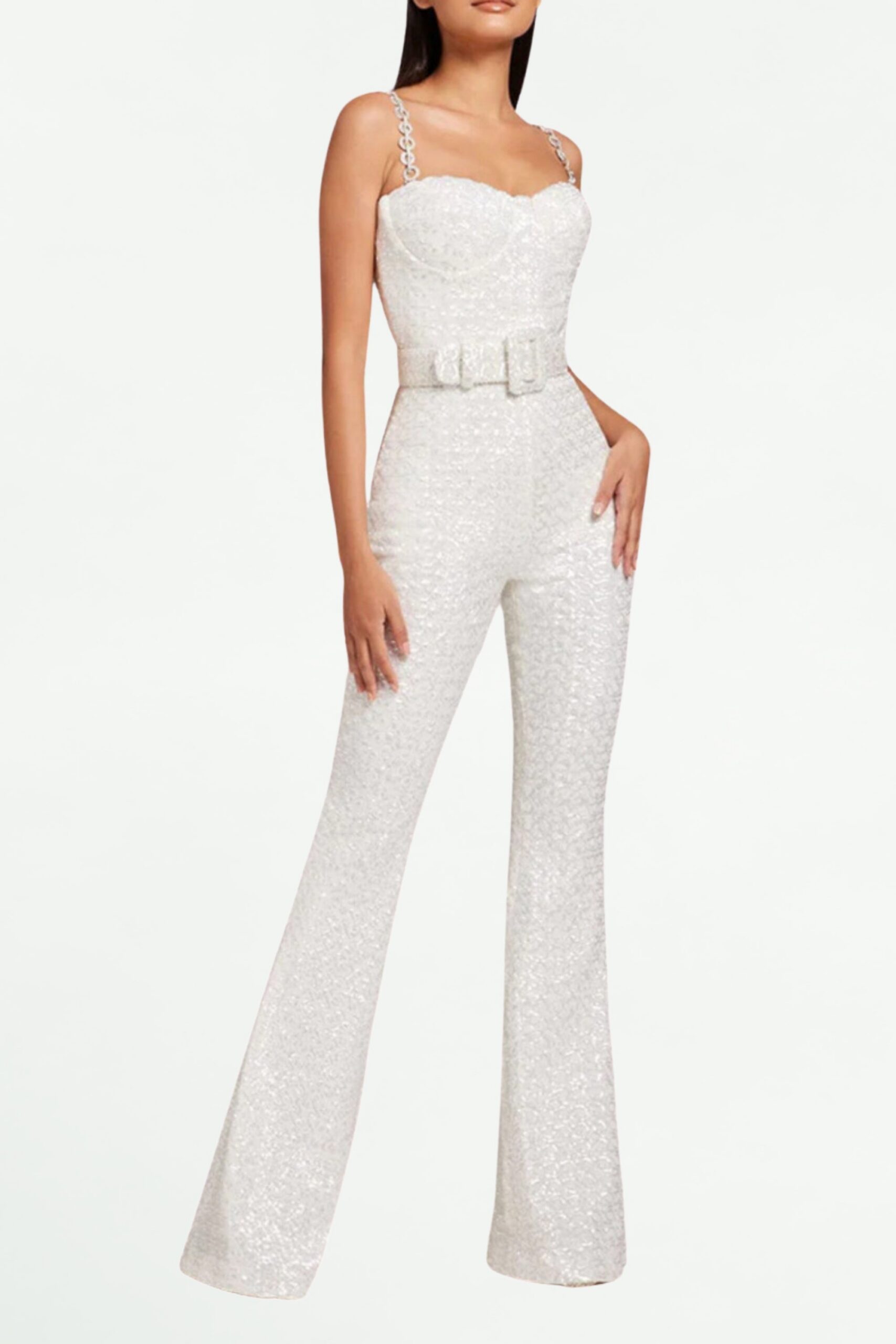 335 JACQUARD DIAMANTE STRAP FLARED JUMPSUIT WITH BELT