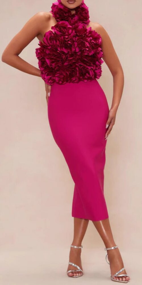 flower bandage midi dress in hot pink
