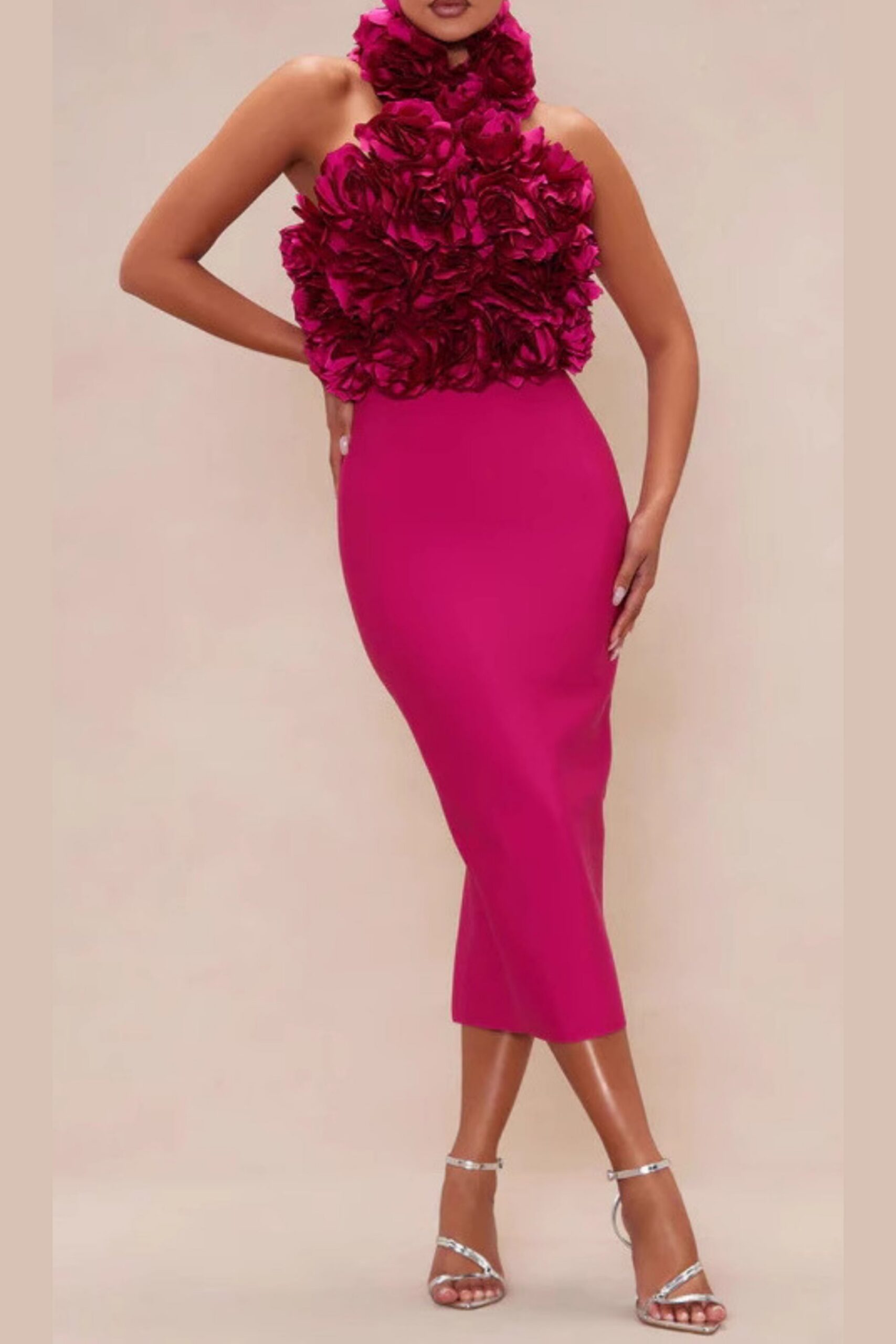 flower bandage midi dress in hot pink