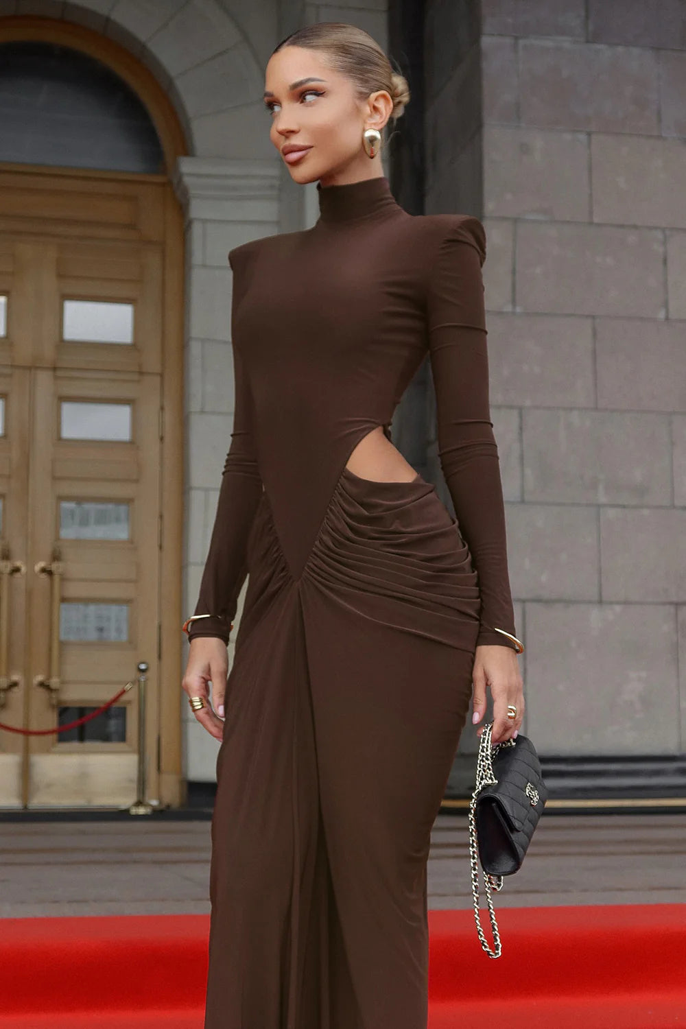 JACQUELINE BROWN TURTLENECK CUTOUT BODYCON GOWN