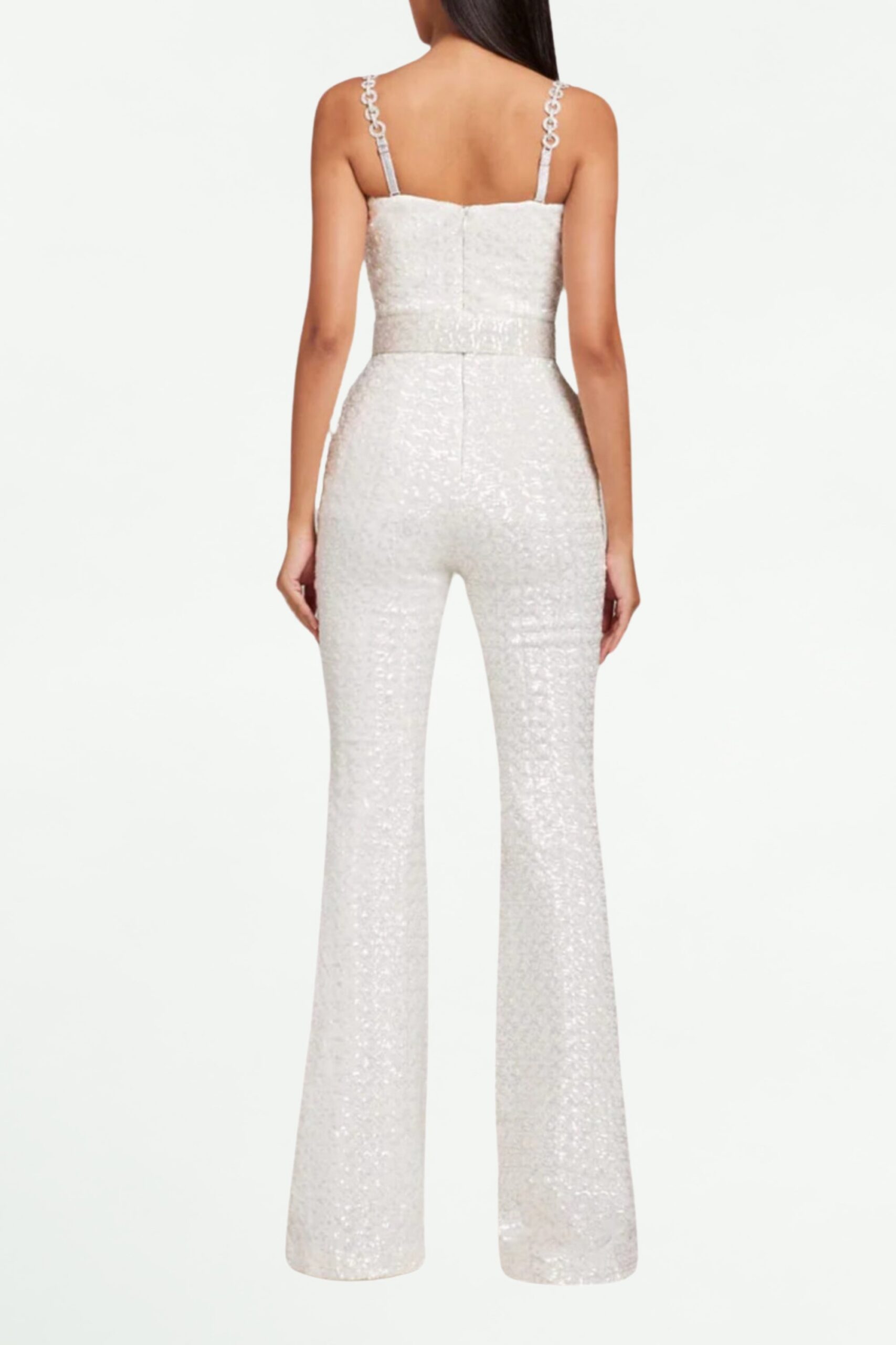 JACQUARD DIAMANTE STRAP FLARED JUMPSUIT WITH BELT
