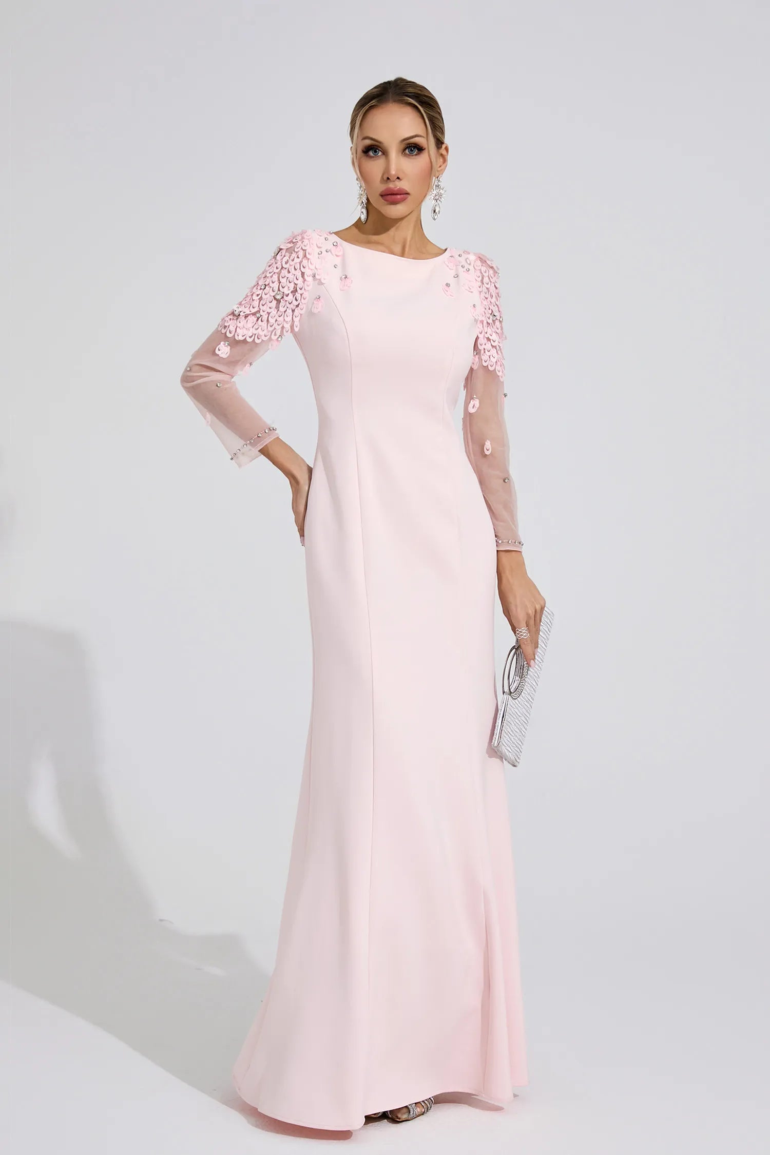 VICTORIA PINK SEQUIN MESH SLEEVE MAXI DRESS