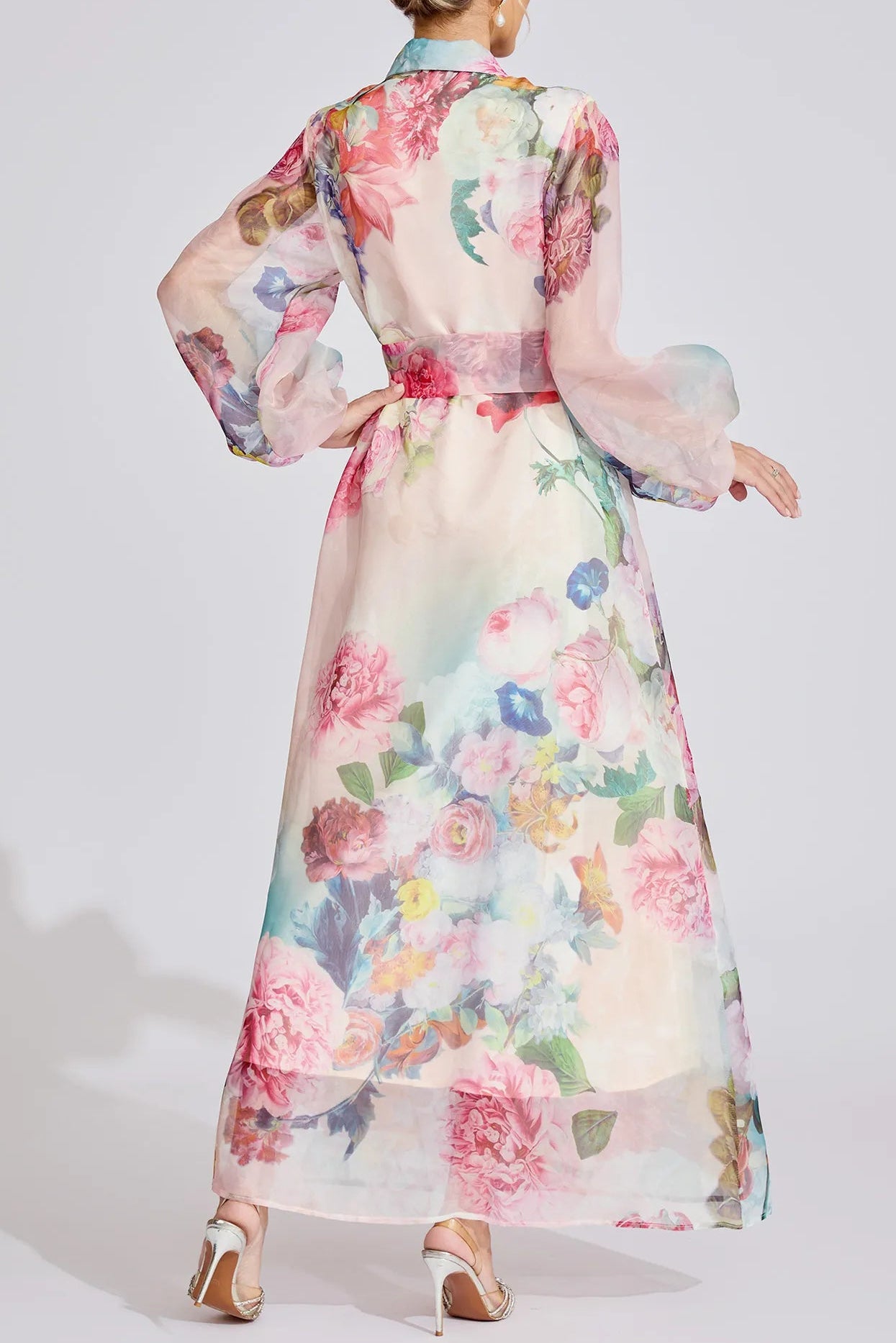 VIVIEN PINK FLORAL LANTERN SLEEVE MAXI DRESS