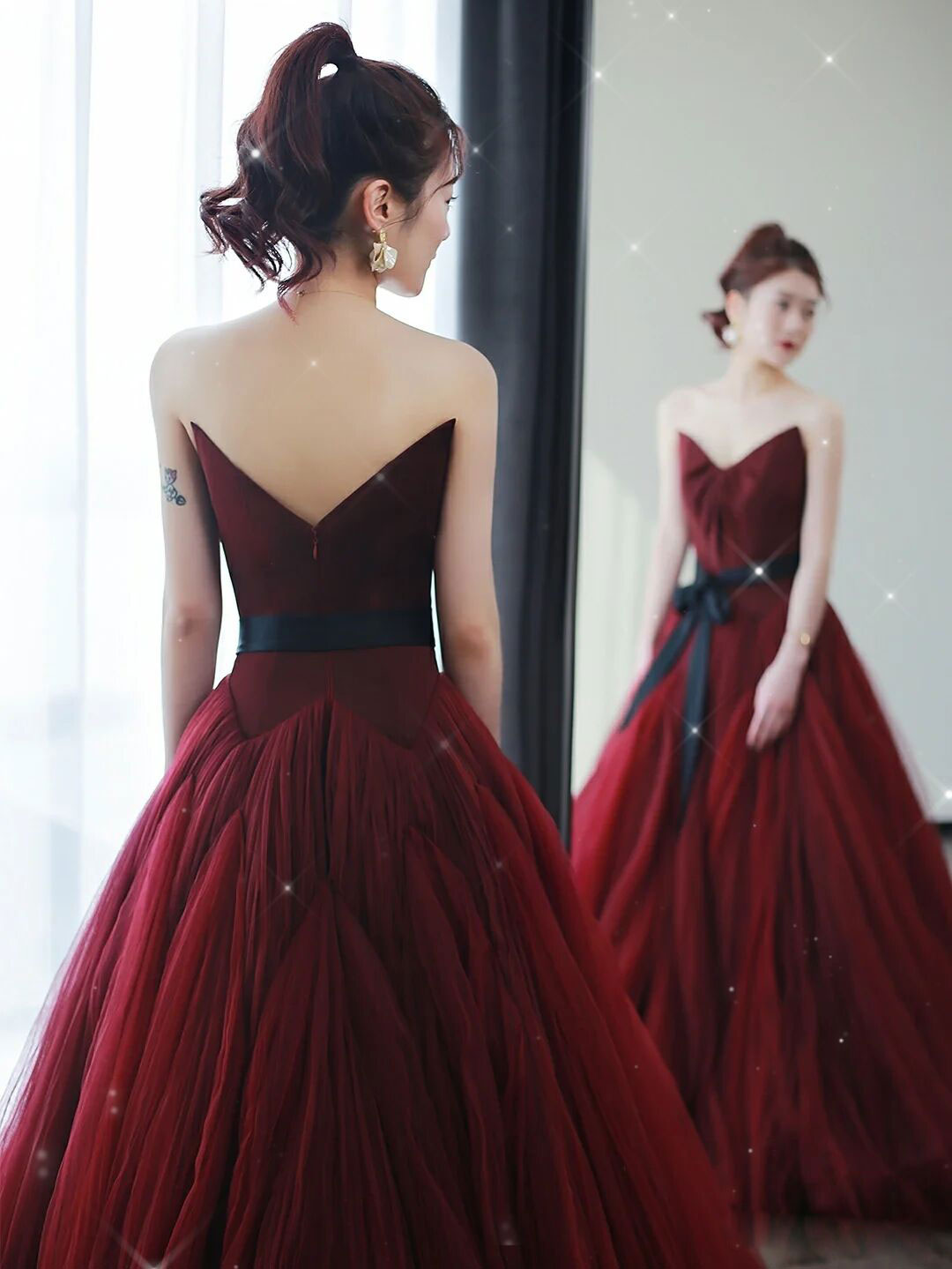 A-LINE BURGUNDY TULLE PARTY DRESS