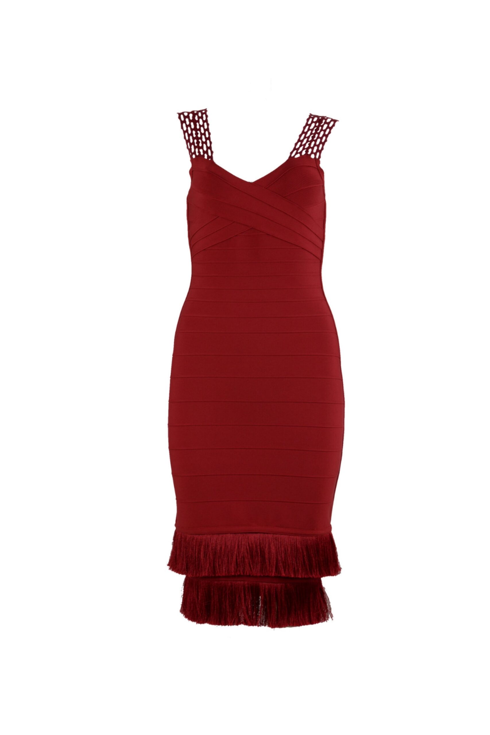TASSEL LACE BODYCON MIDI DRESS BURGUNDY