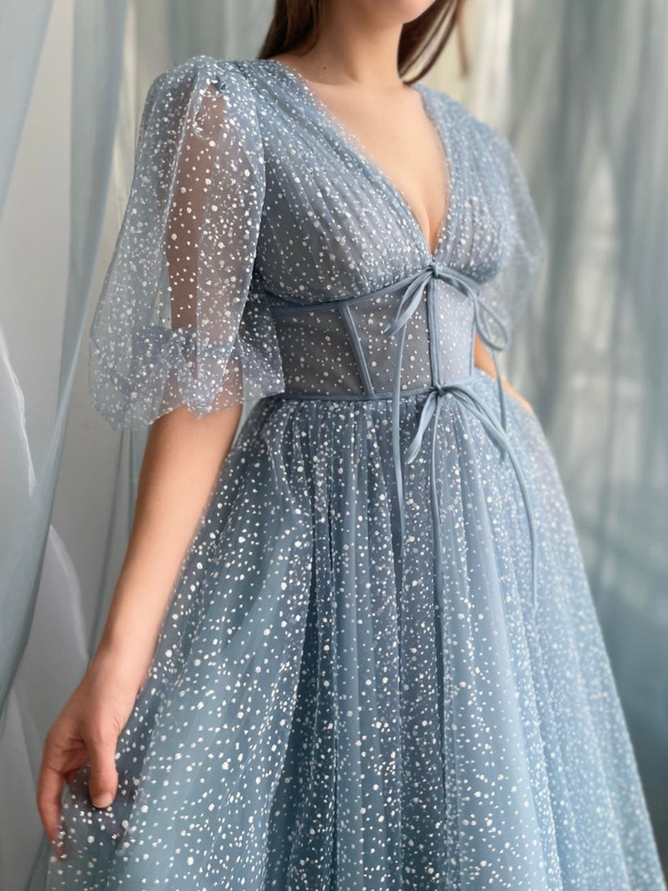 A-LINE GRAY BLUE MIDI DRESS FOR WORK