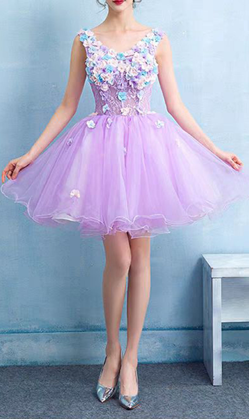 SEXY PURPLE V-NECK LACE MINI DRESS FOR PARTY