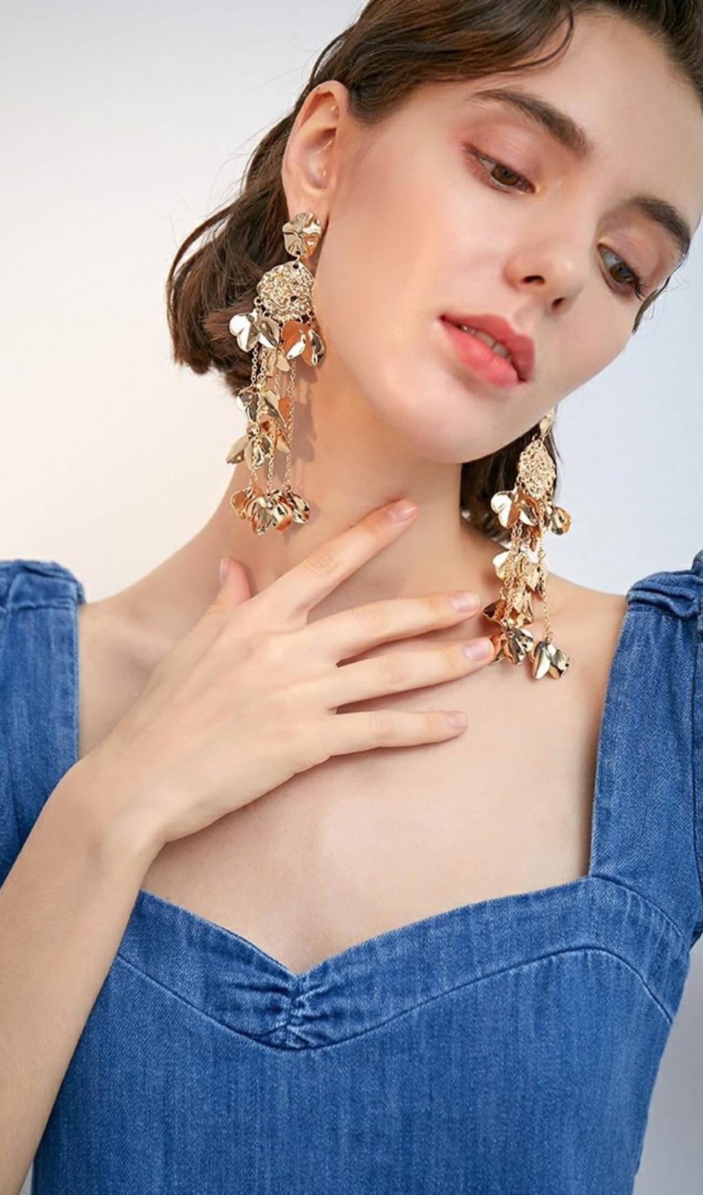 GOLD TASSEL LEAF DROP EARRINGS FOR PARTY