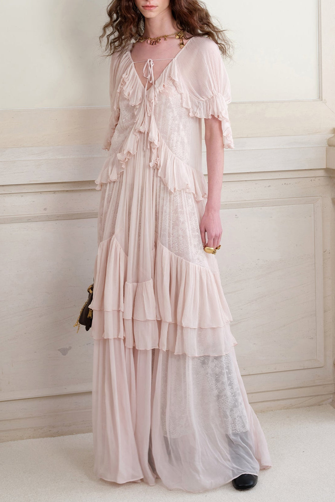 34-1_9319742f-17b4-4b06-8144-8fdeeef45923 KRISTIN LACE 3/4 SLEEVE RUFFLE MAXI DRESS PINK
