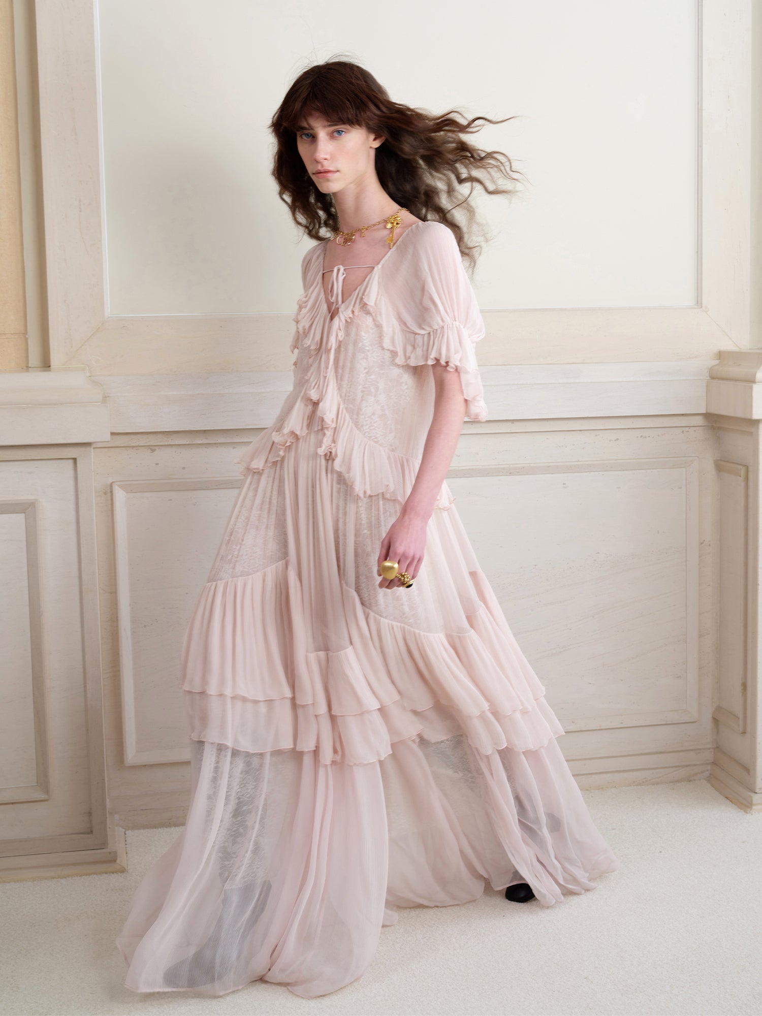 KRISTIN LACE 3/4 SLEEVE RUFFLE MAXI DRESS PINK