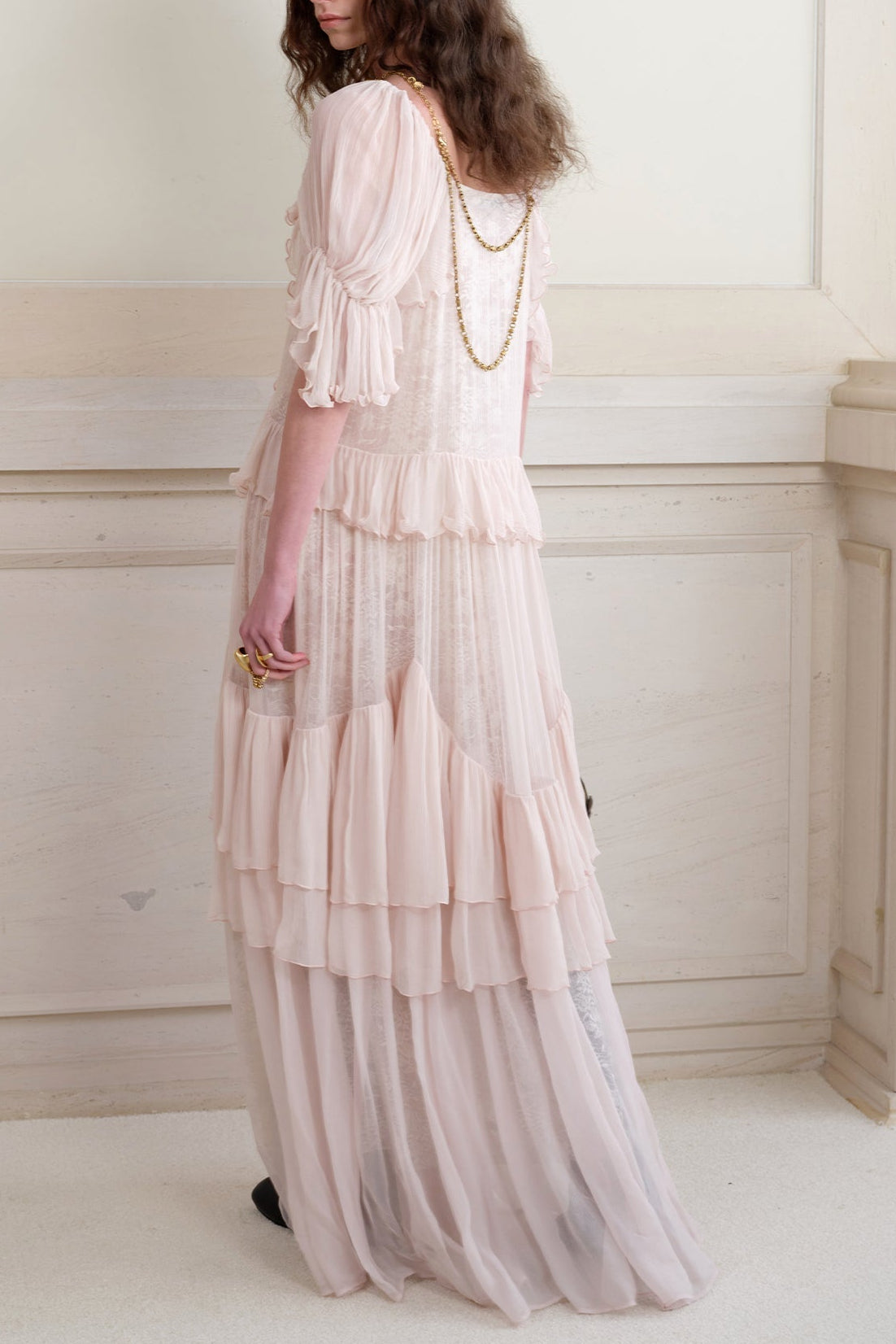 KRISTIN LACE 3/4 SLEEVE RUFFLE MAXI DRESS PINK