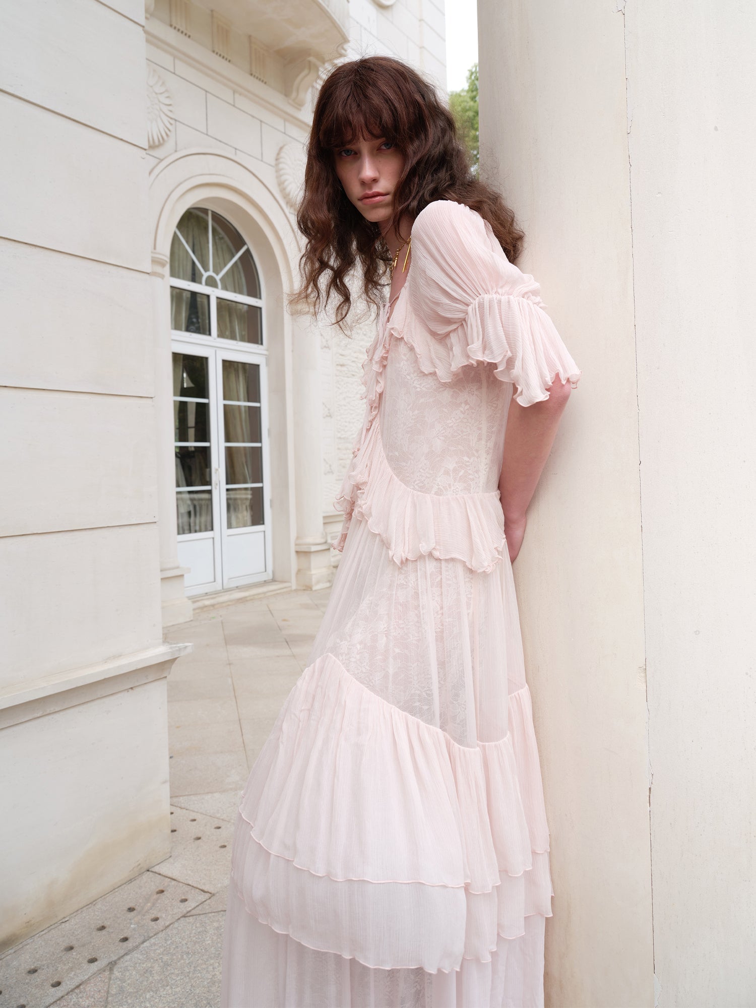 KRISTIN LACE 3/4 SLEEVE RUFFLE MAXI DRESS PINK