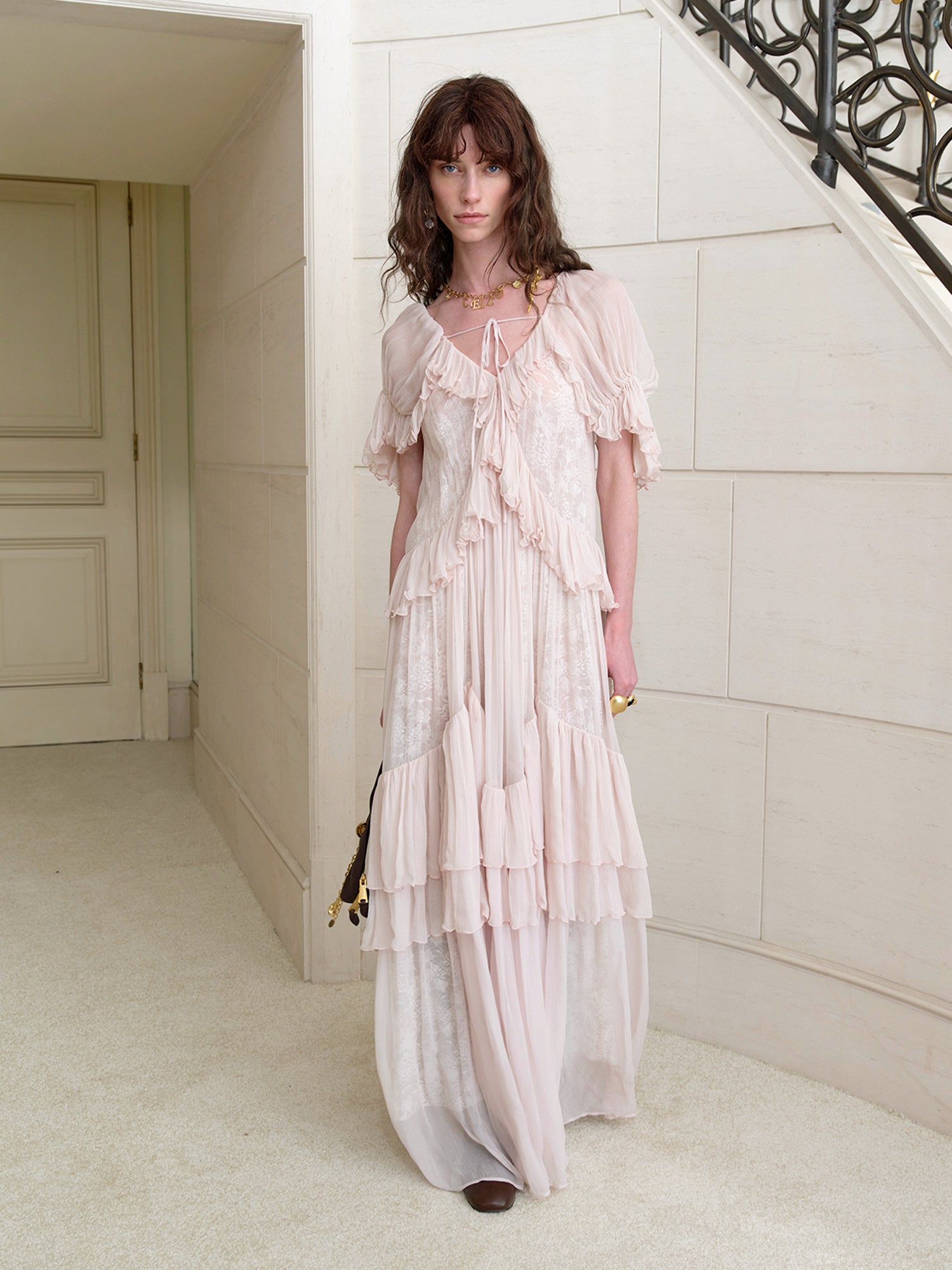 KRISTIN LACE 3/4 SLEEVE RUFFLE MAXI DRESS PINK