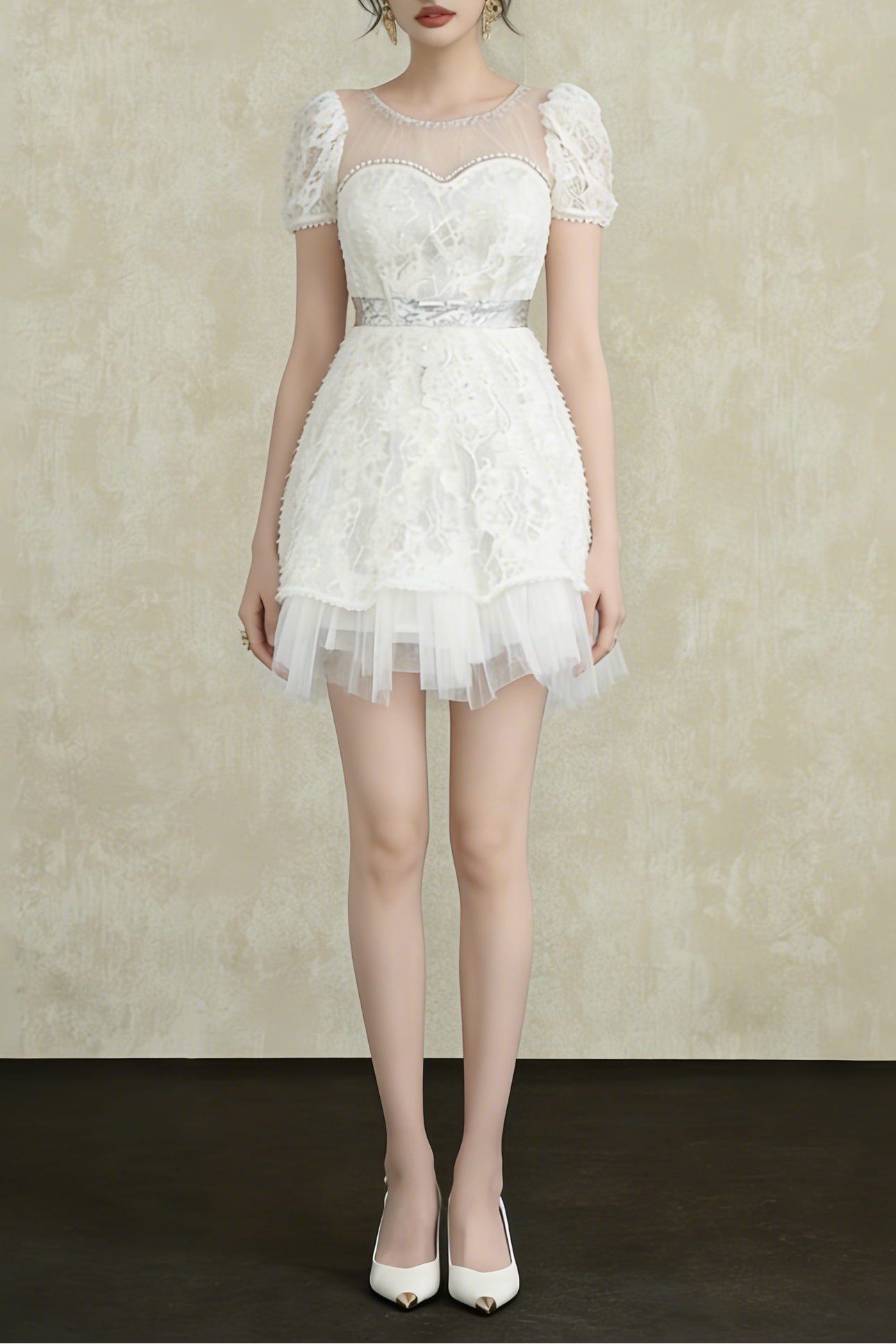 WHITE LACE SEQUIN PUFF SLEEVE MINI DRESS