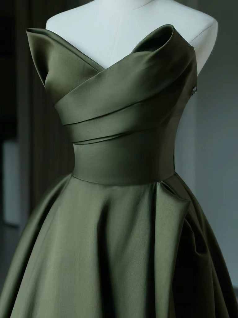 A-LINE V-NECK SATIN GREEN PROM DRESS