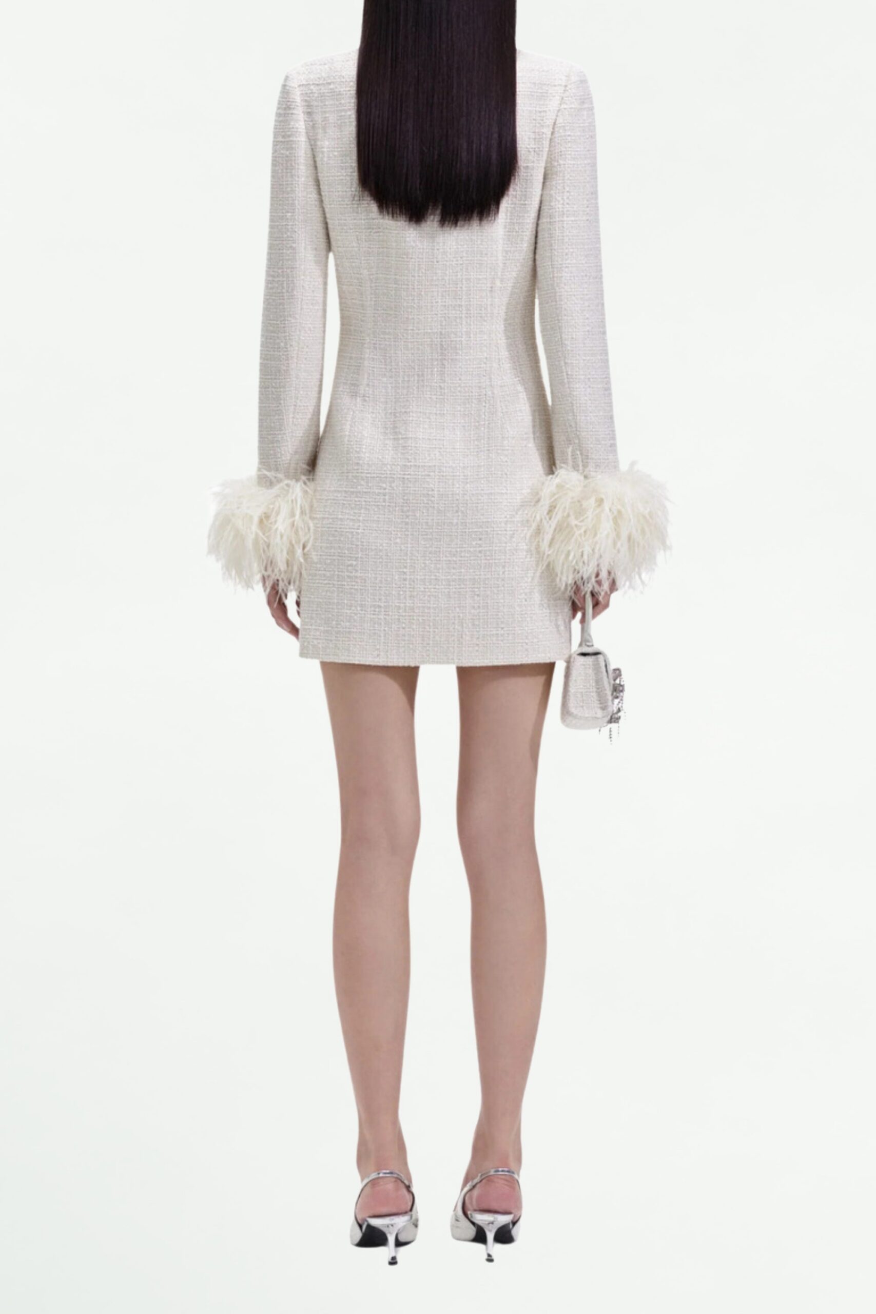 CREAM BOUCLE FEATHER MINI DRESS FOR PARTY