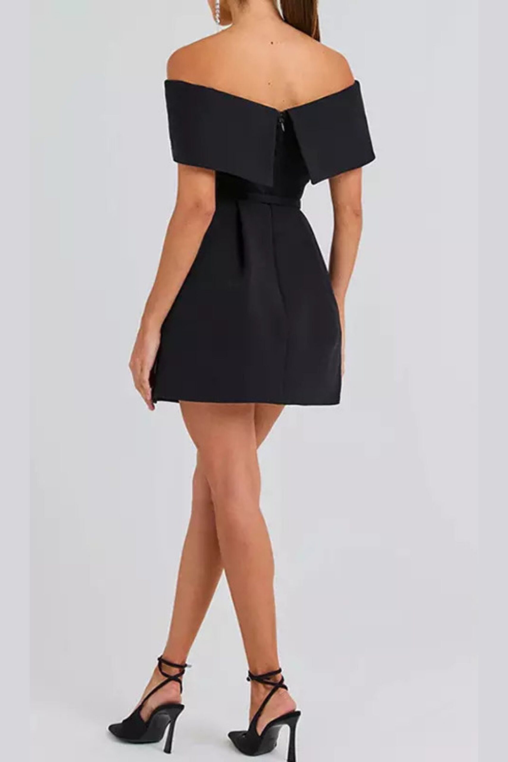 BELTED OFF-SHOULDER A-LINE MINI BLACK DRESS