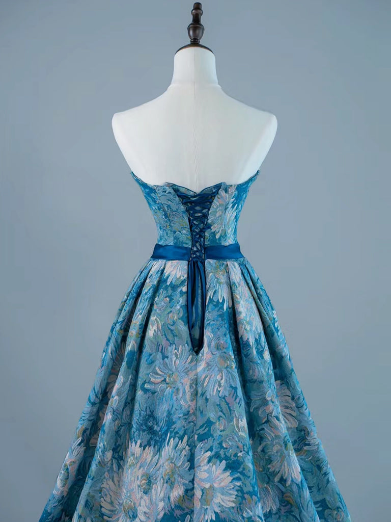 A-LINE BLUE SATIN LONG PROM DRESS