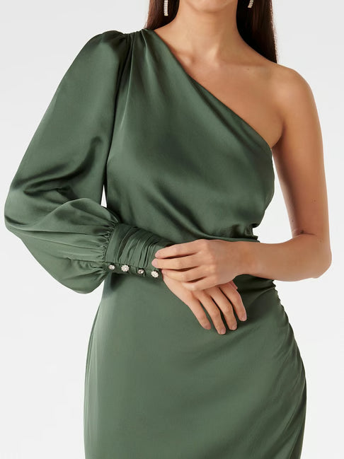 ONE-SHOULDER LONG SLEEVE MIDI DRESS GREEN