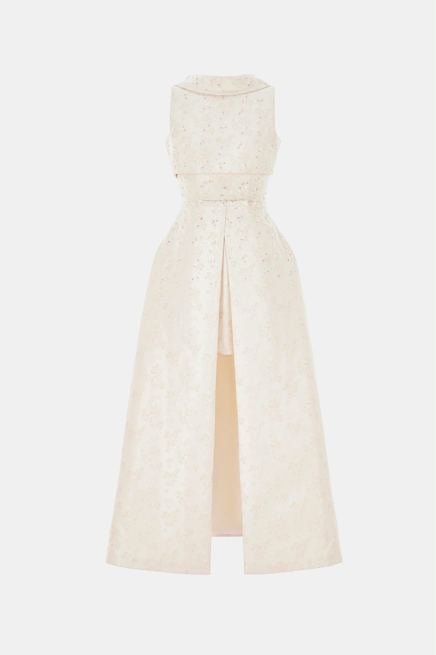 BEADED BROCADE COWL NECK LONG GOWN